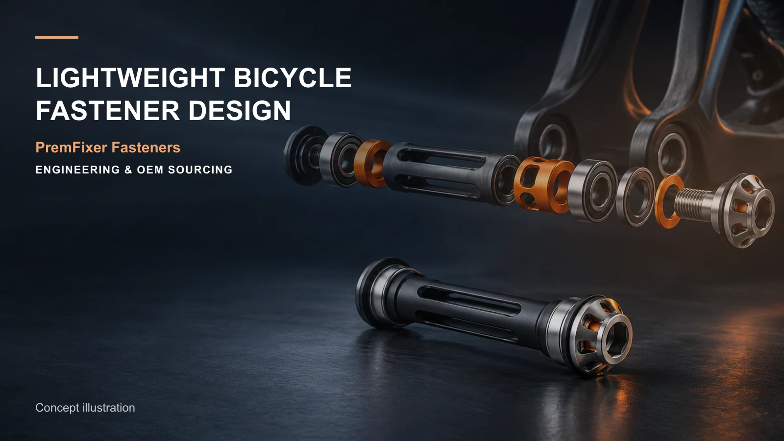 Conceptual exploded lightweight bicycle hardware set with a hollow axle, titanium option and aluminum spacers.