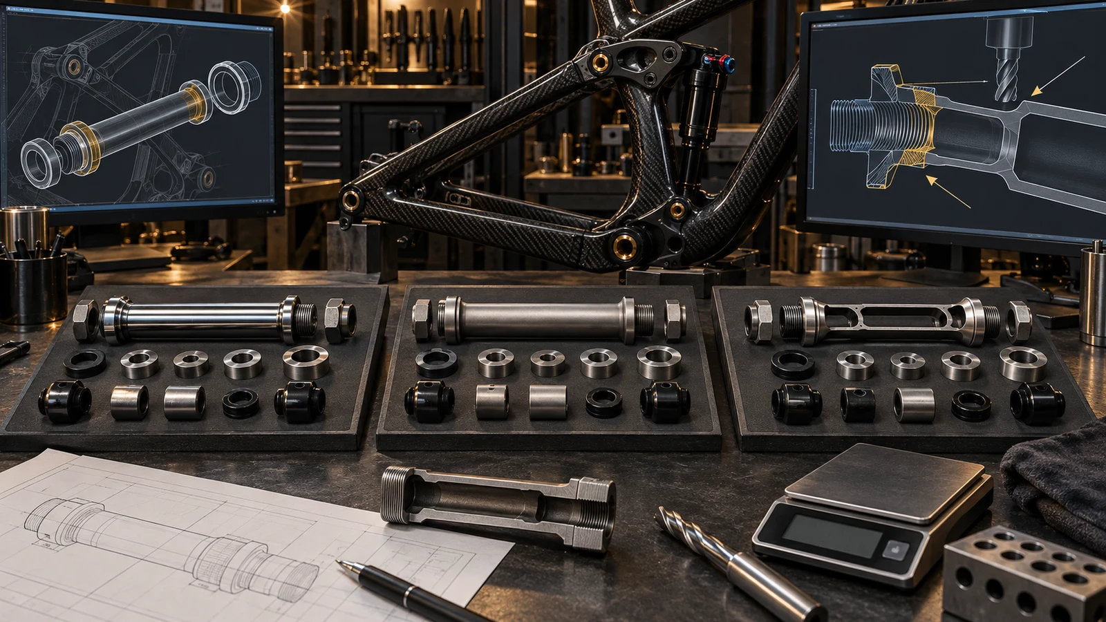 Concept three pivot hardware layouts, hollow axle cutaway, carbon frame and CAD interface views beside an unlit scale; not measured savings or approved redesigned parts.
