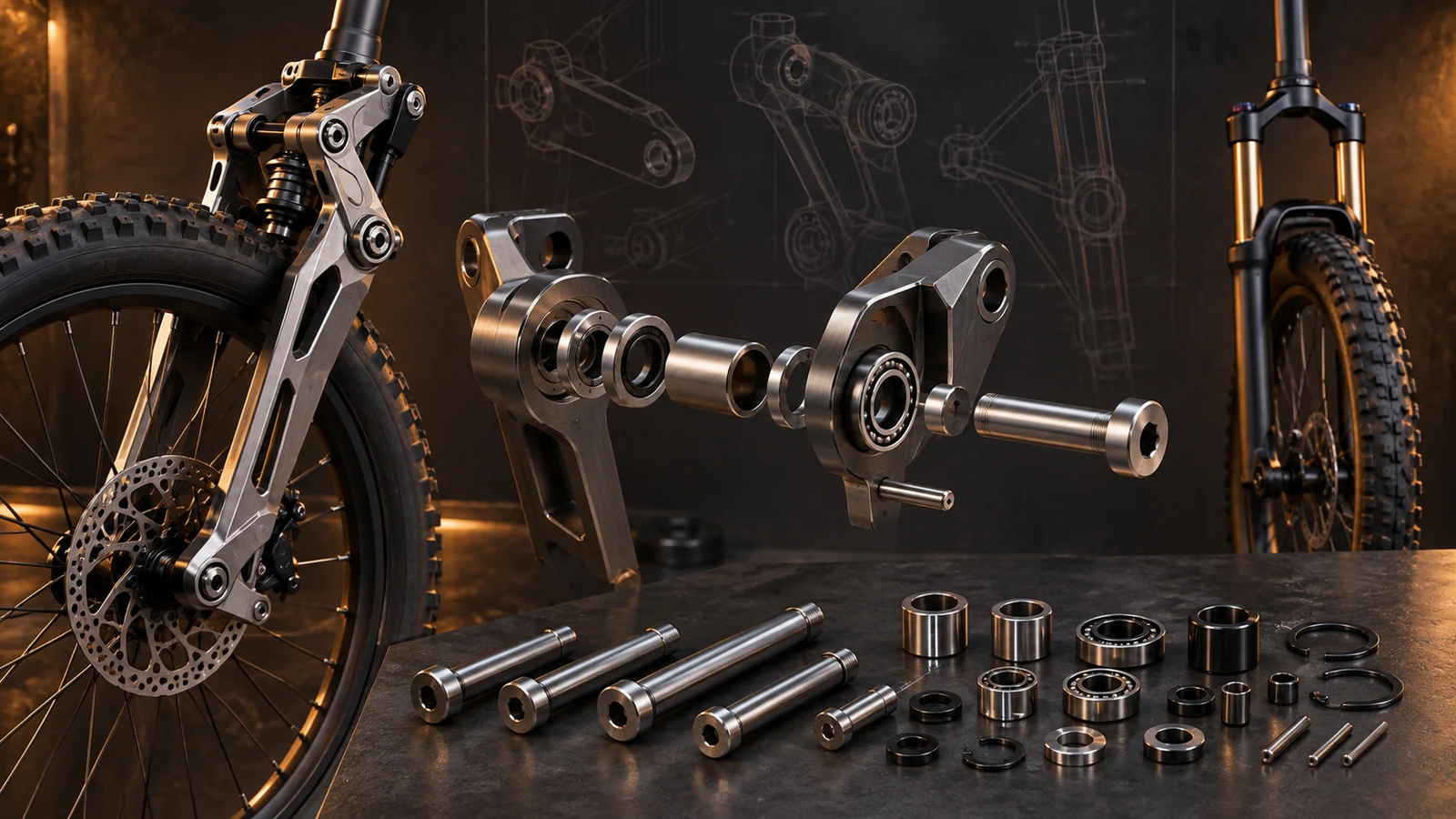 Hypothetical linkage front fork, conventional telescopic comparison and exploded pivot and retention parts, not an approved design or compatible spare kit