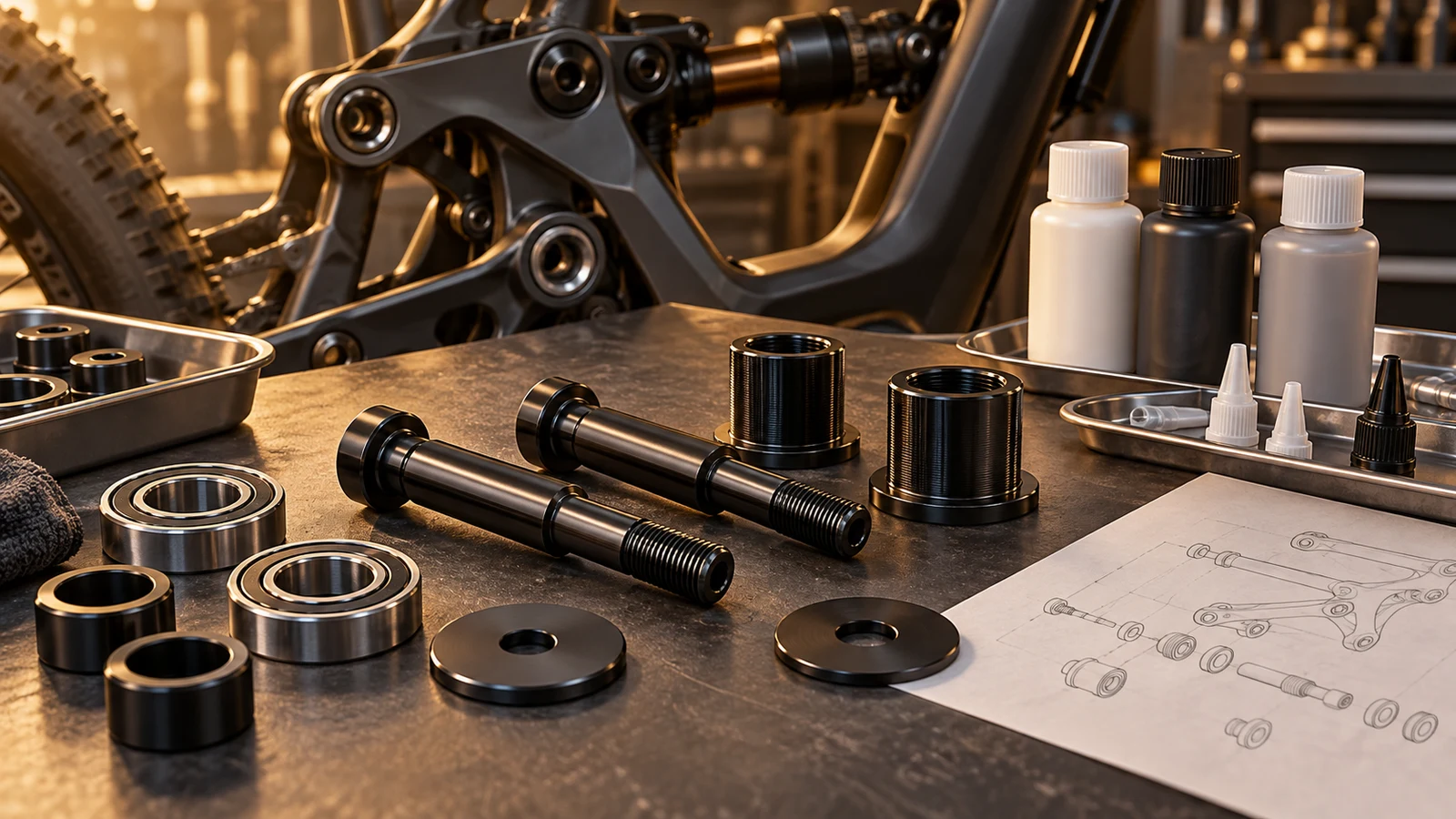 Concept pivot thread pairs, bearings and closed unbranded consumable bottles on an engineering bench; no approved adhesive, application or tested locking result depicted.