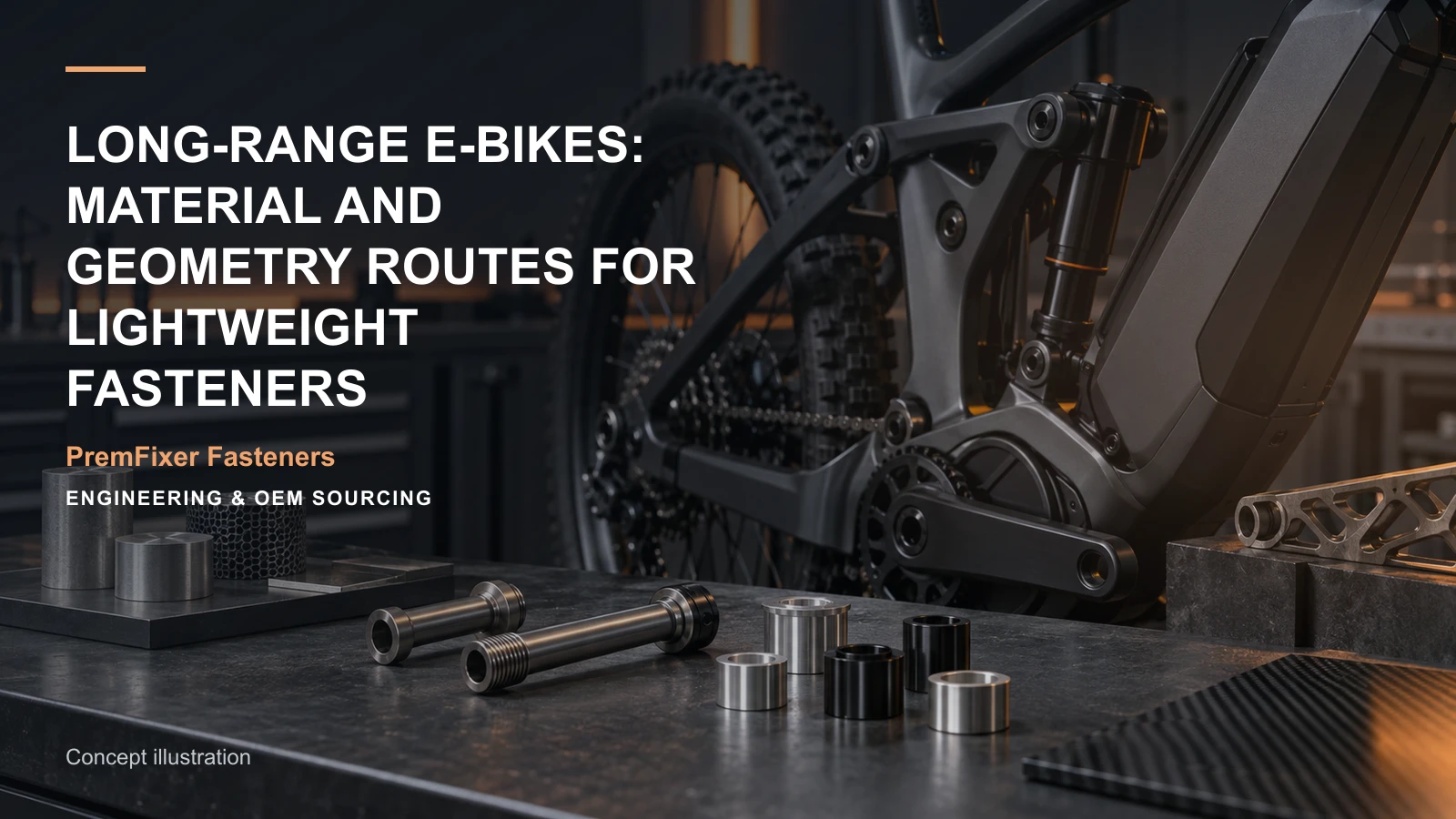 Conceptual engineering workspace introducing lightweight e-bike hardware for bicycle and electric-mobility OEM teams.