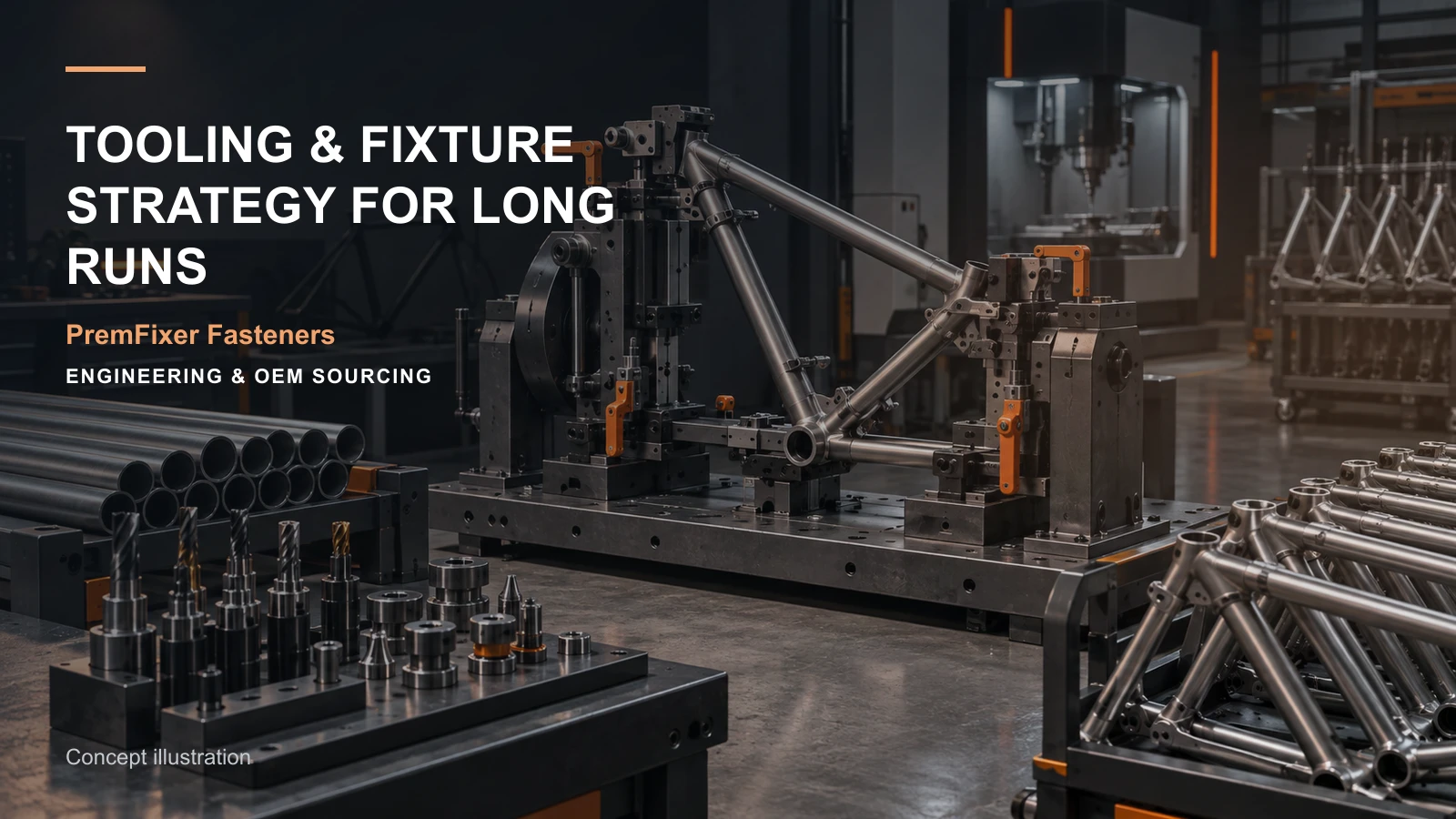 Editorial concept for long-run pivot tooling and fixtures with cards for workholding concept and setup record, prototype-to-production handover, tool-action record.