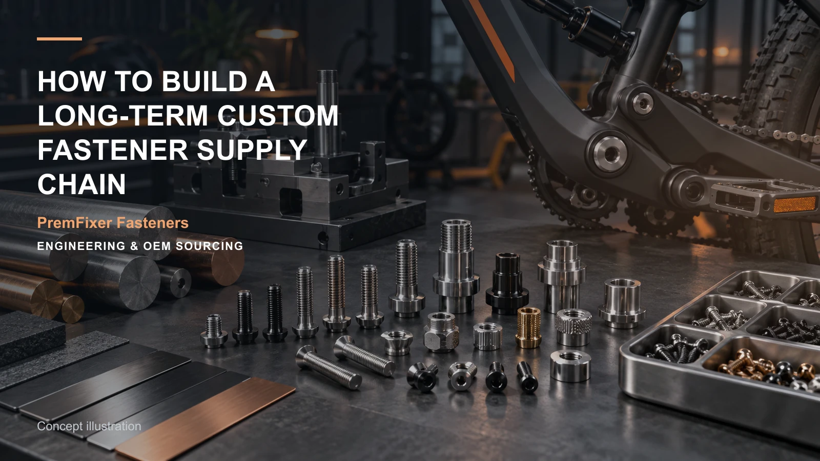 Editorial concept for long-term custom fastener supply with cards for rolling-order responsibility map, stocking program terms, prototype-to-production handover.