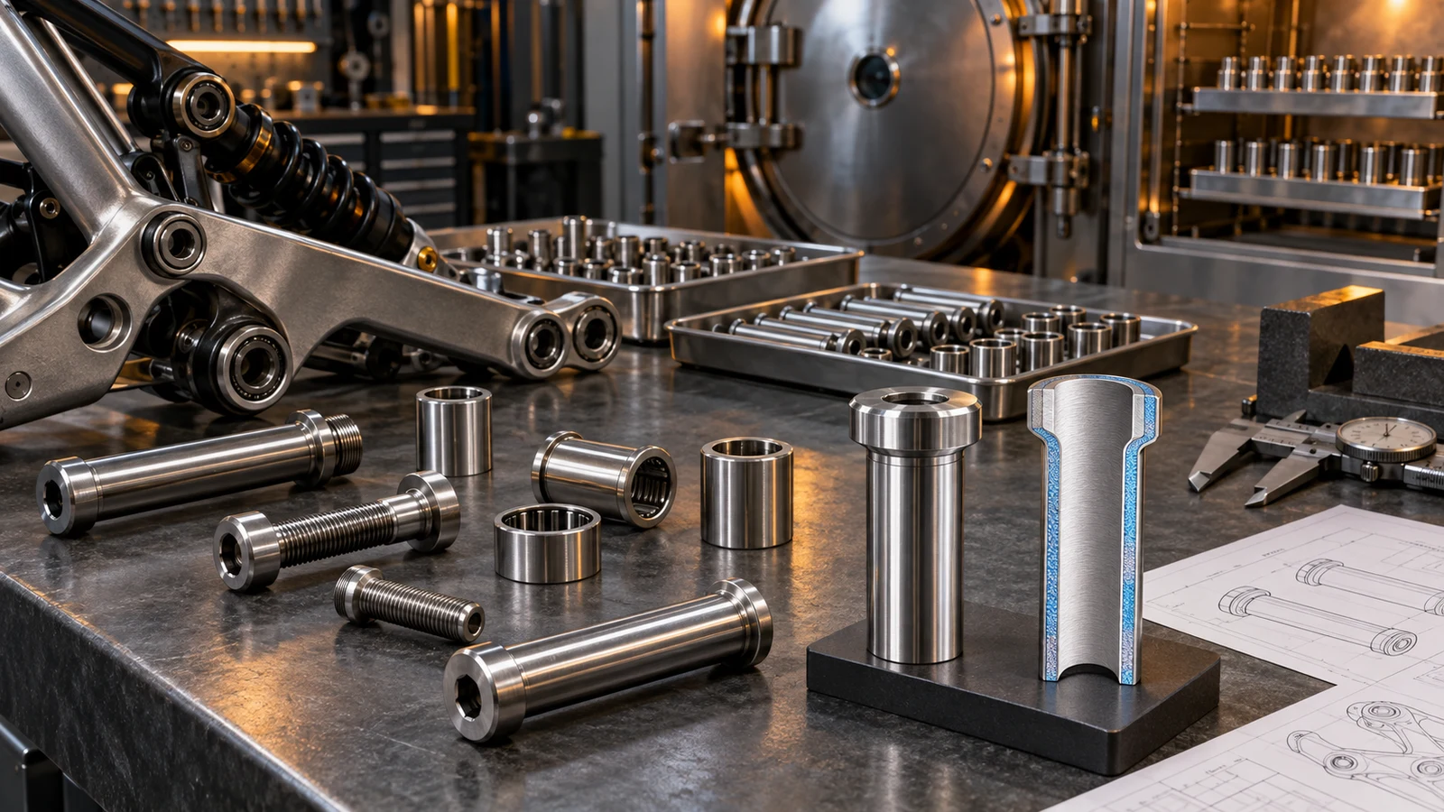 Concept illustration of stainless pivot parts, mating sleeves and a separate section model with a highlighted surface region; the model is not microscopy or a measured nitrided layer.