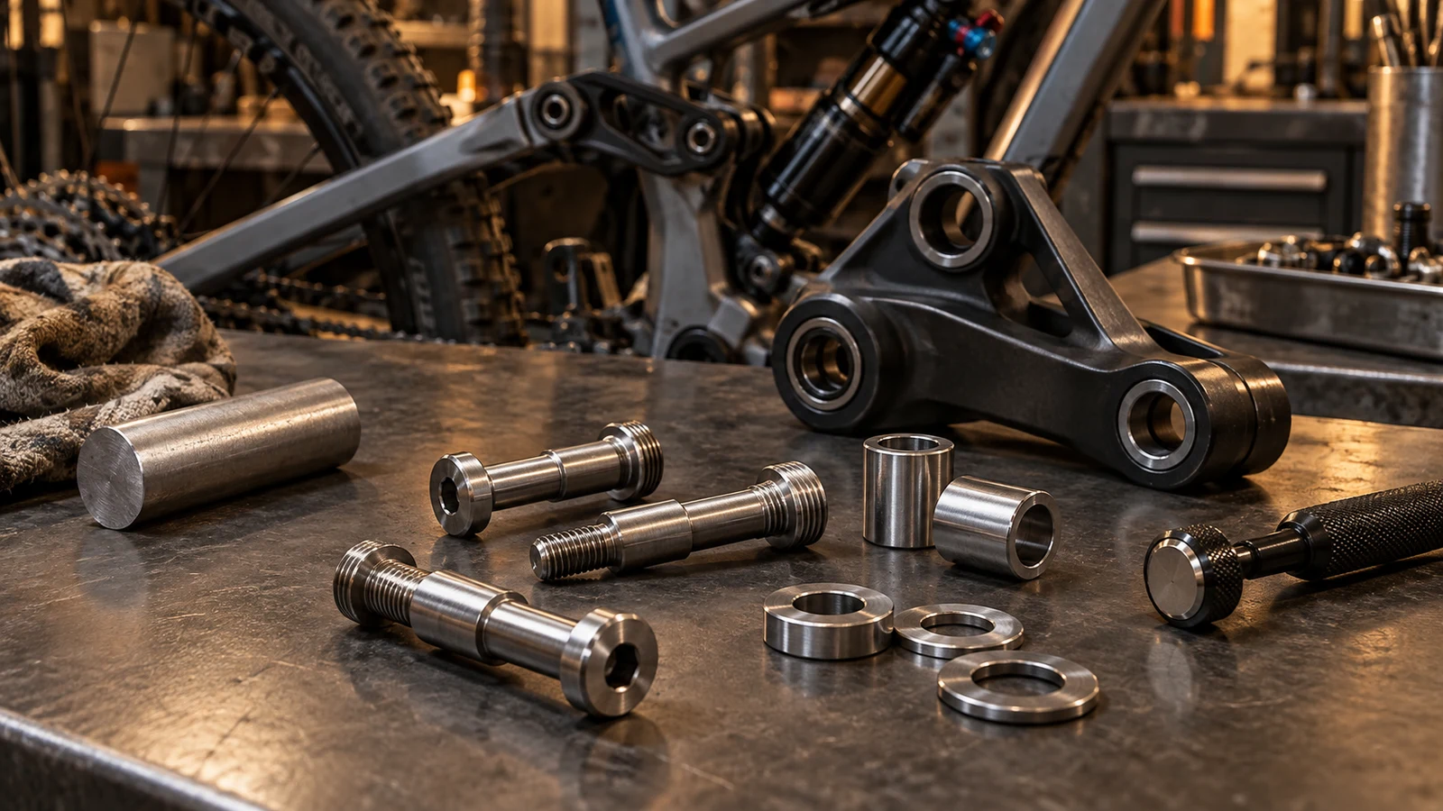 Concept illustration of stainless shoulder bolts, bar stock, sleeves and a loose inspection magnet beside a bicycle suspension rocker.