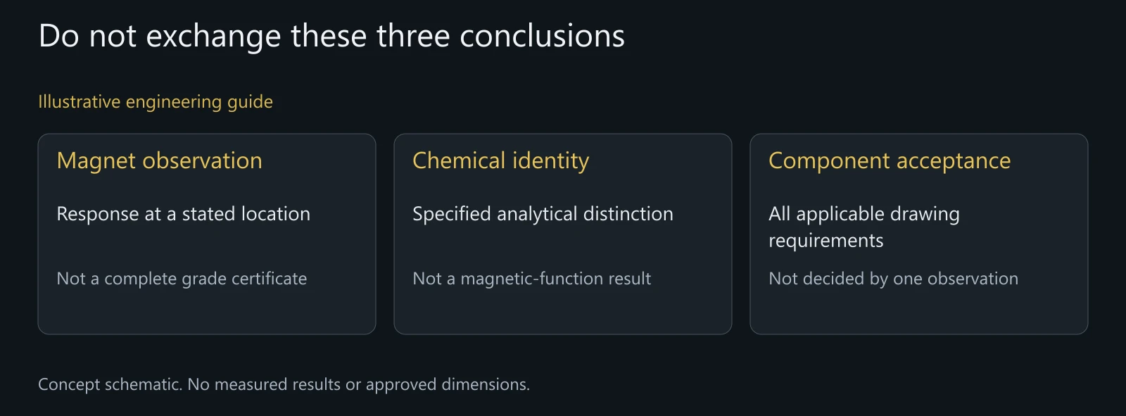 Conceptual comparison of observation, material identity and finished-component acceptance.