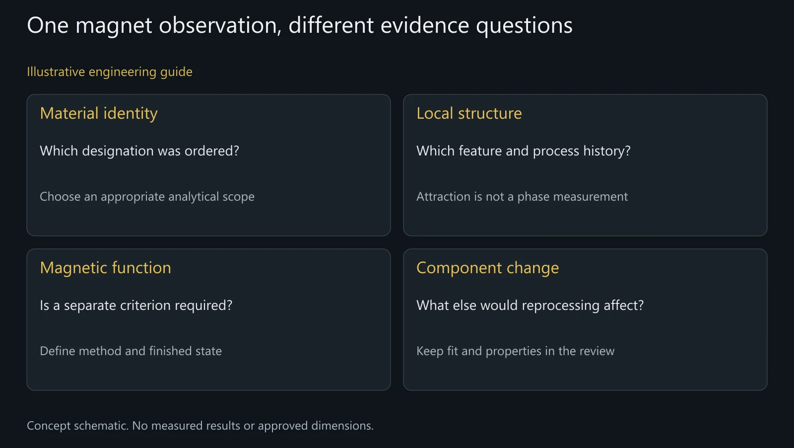 Illustrative questions raised by magnetic response; no grade identification, phase result or magnetic test is shown.