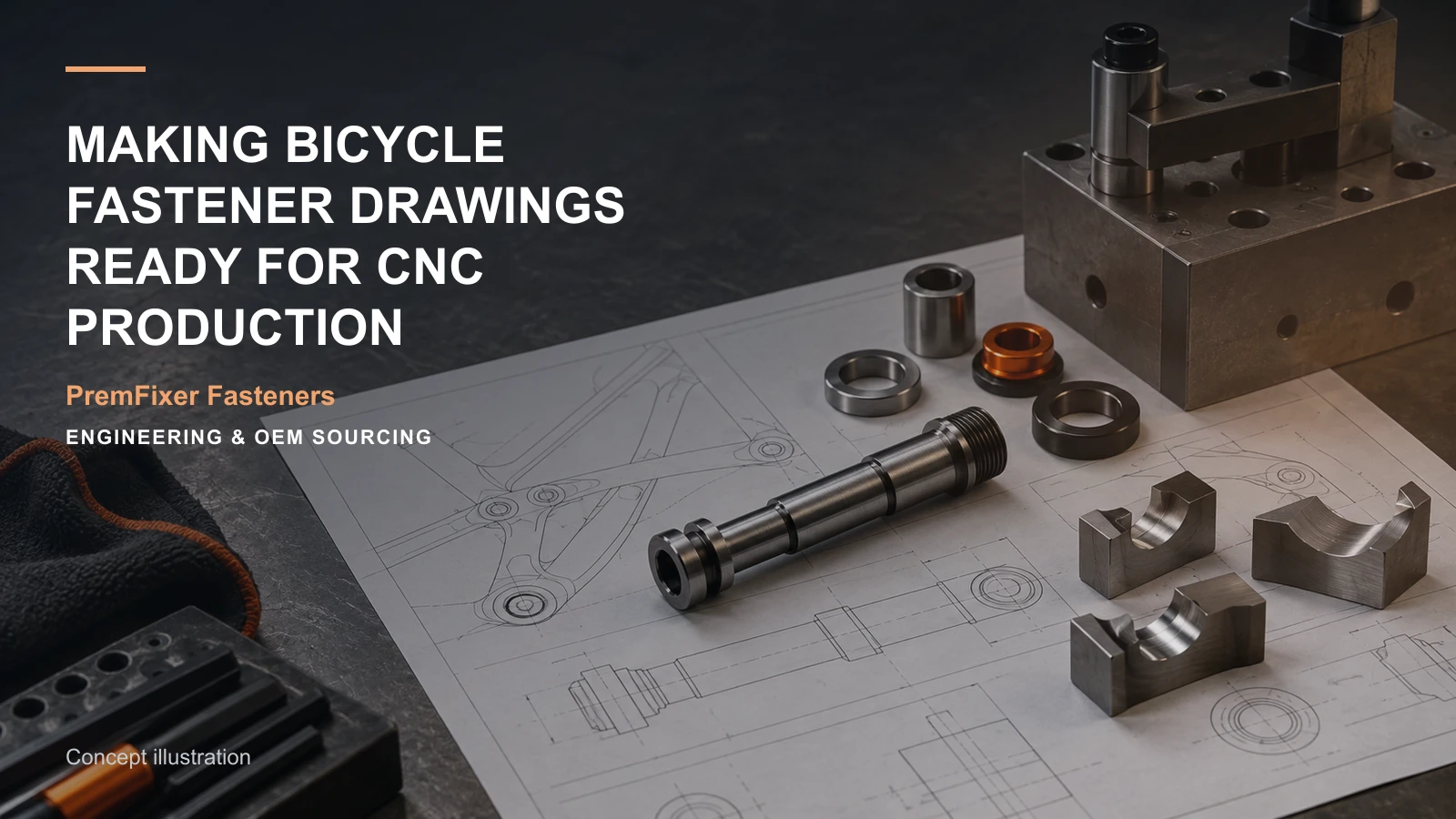 Concept illustration connecting drawing detail, corner access and workholding region in a bicycle hardware project.