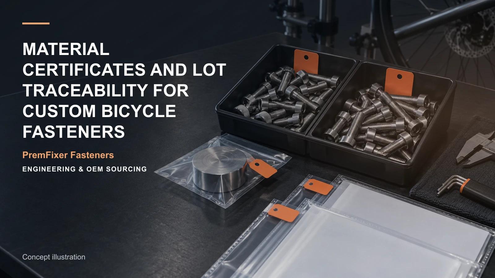 Conceptual engineering workspace introducing material records for fastener orders for bicycle and electric-mobility OEM teams.