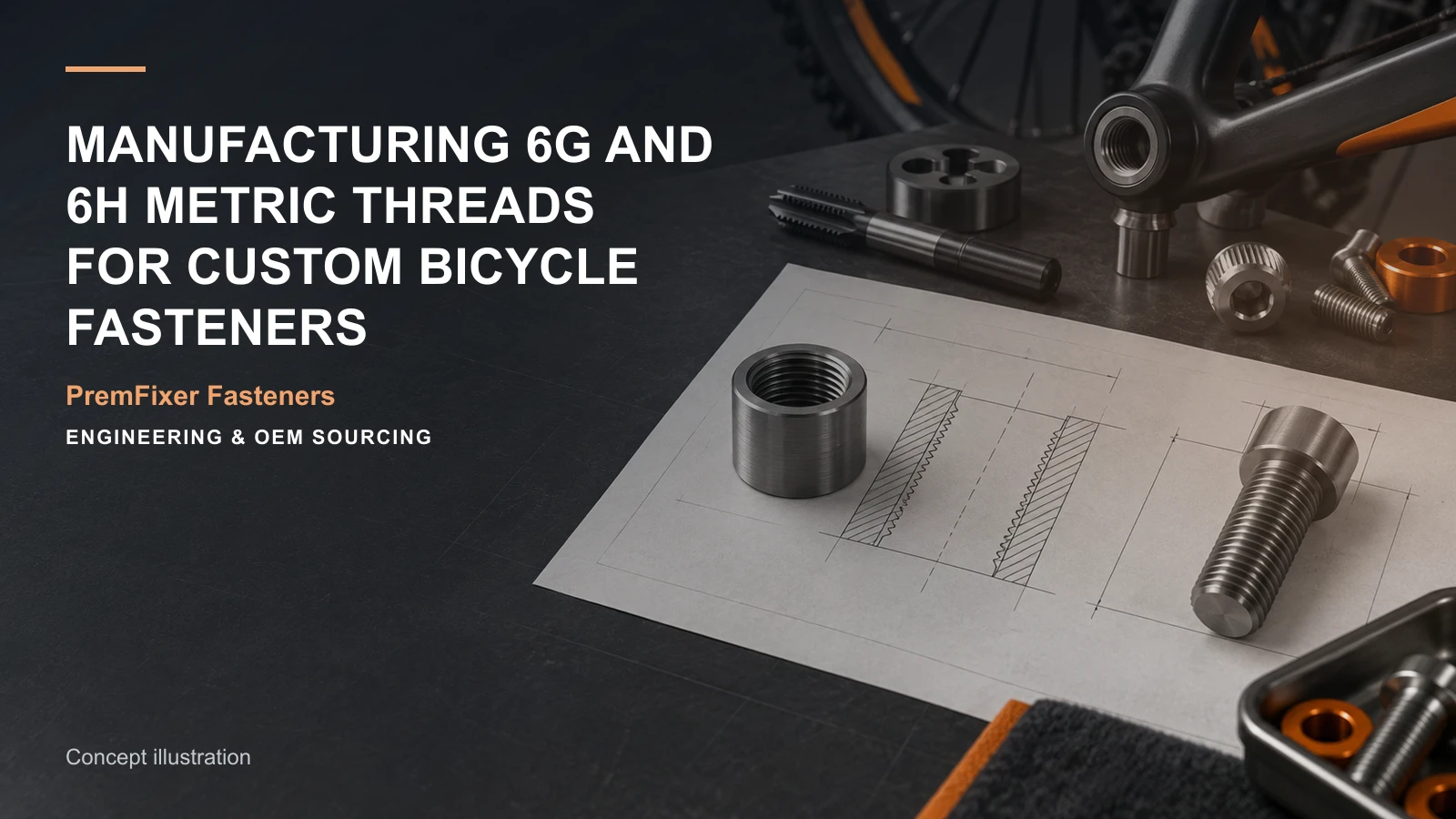 Concept illustration for Manufacturing 6g and 6H Metric Threads for Custom Bicycle Fasteners.