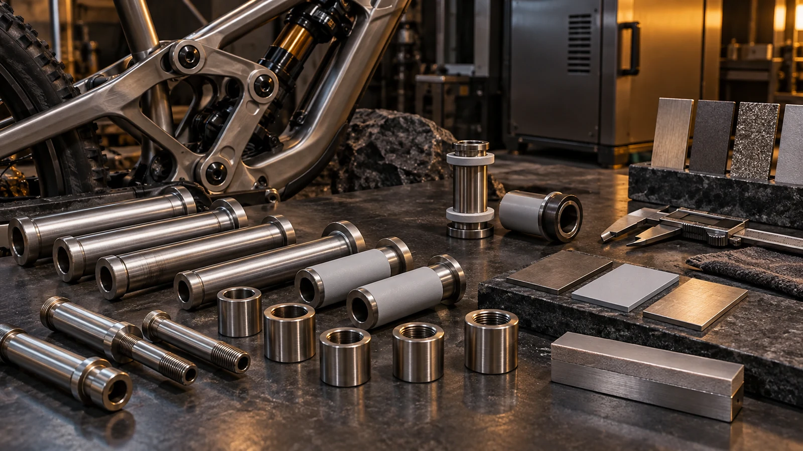 Concept illustration of titanium pivot hardware, pale ceramic-looking example zones, separate witness coupons and a mating sleeve assembly; no measured coating thickness, microscopy or proven wear performance is depicted.