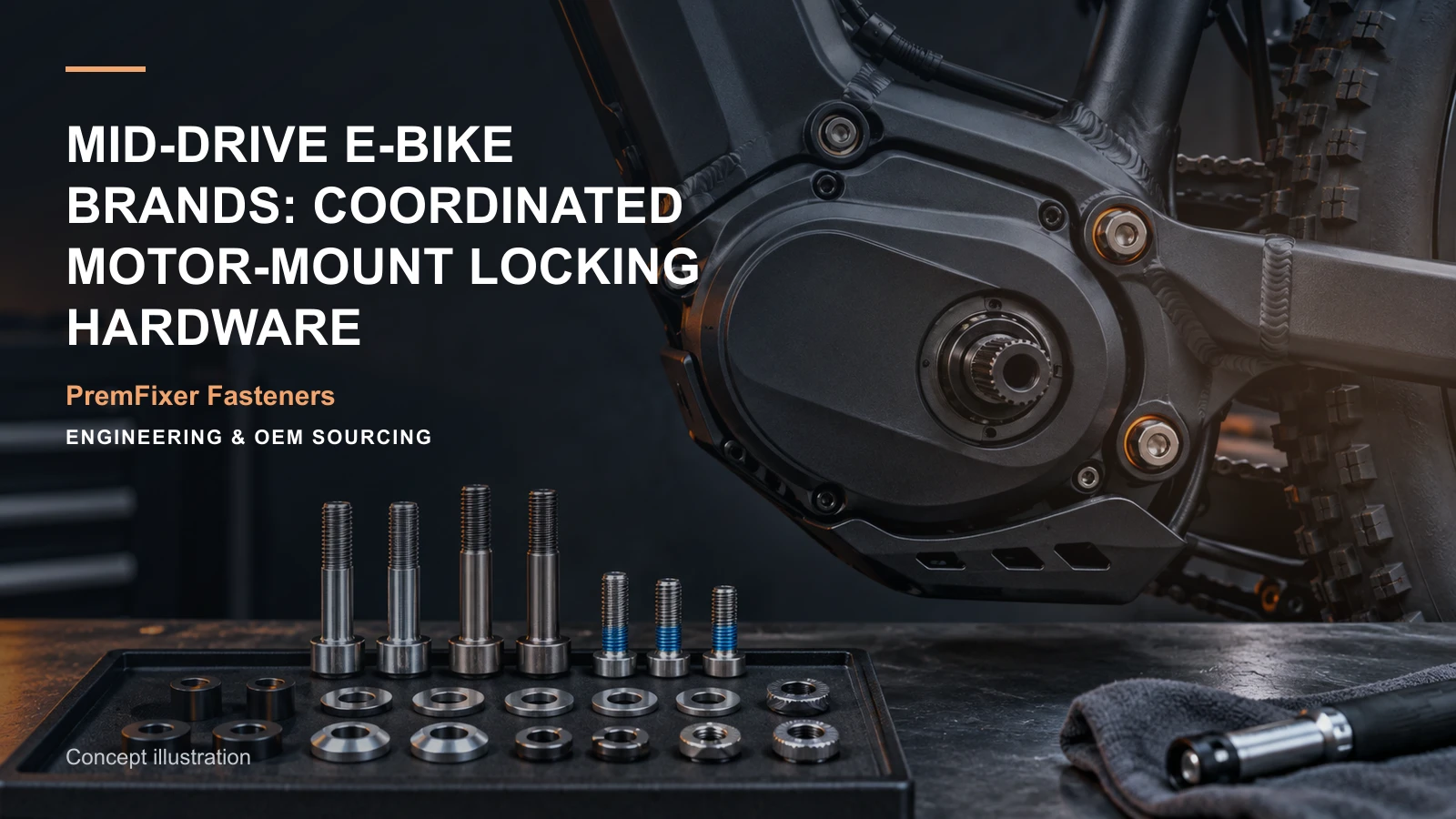 Conceptual engineering workspace introducing mid-drive motor-mount hardware for bicycle and electric-mobility OEM teams.