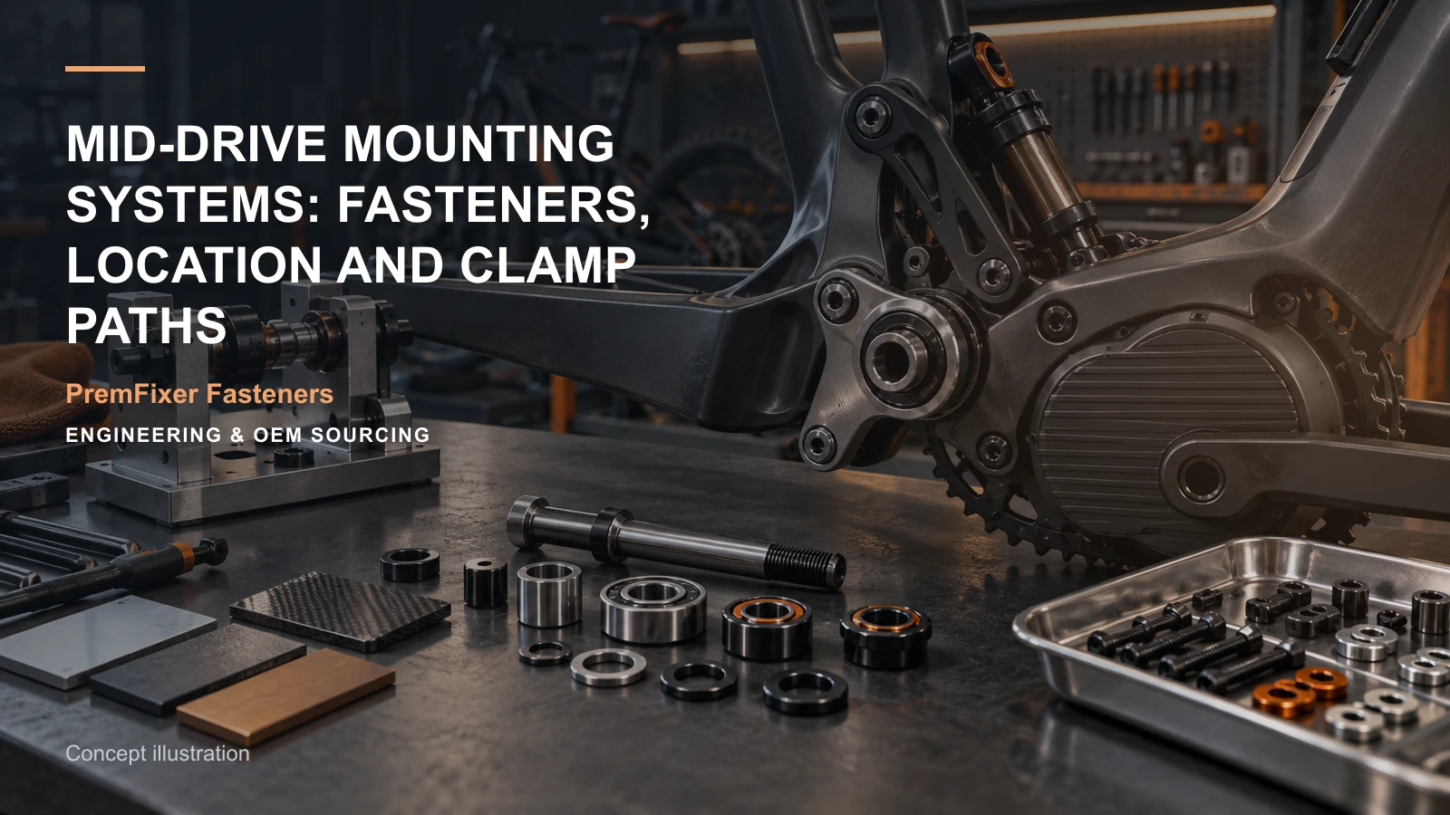 Concept illustration for Mid-Drive Mounting Systems: Fasteners, Location and Clamp Paths.