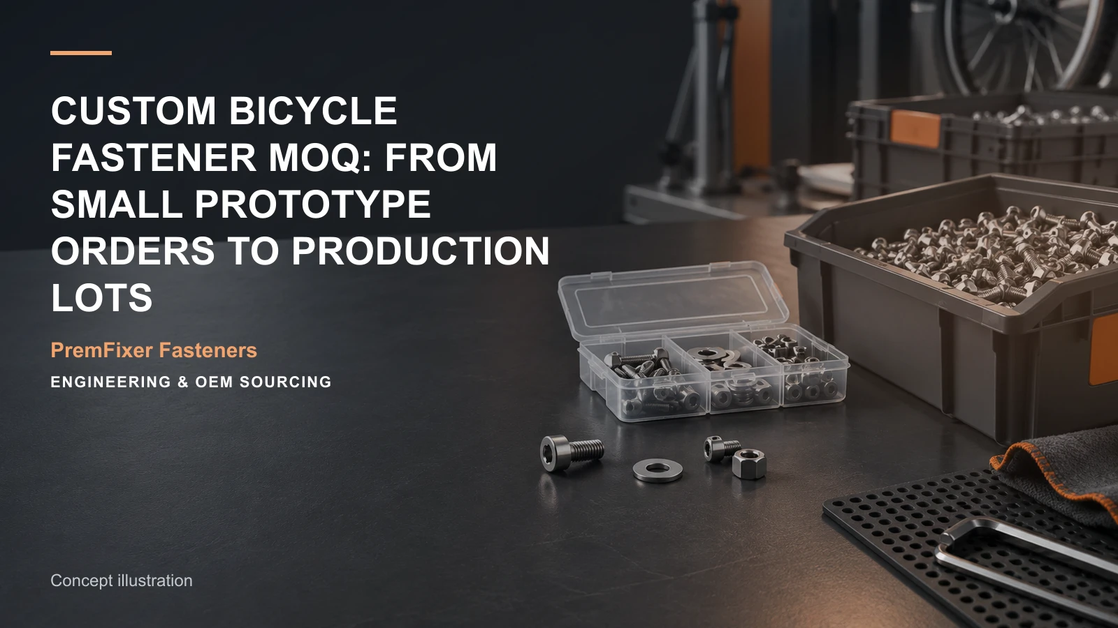 Concept illustration for Custom Bicycle Fastener MOQ: From Small Prototype Orders to Production Lots.