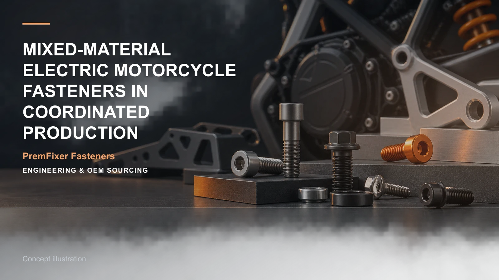 Concept illustration for Mixed-Material Electric Motorcycle Fasteners in Coordinated Production.