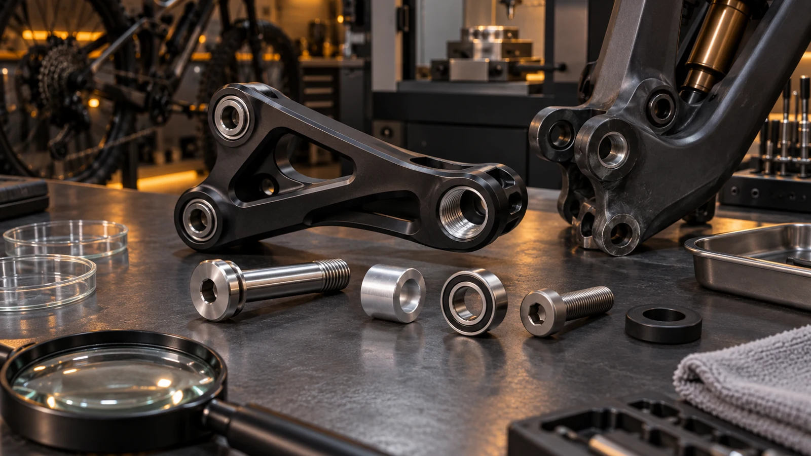 Concept mixed-metal pivot review with intact separated stainless, titanium and aluminum hardware, bearing ring, polymer washer and detached linkage; no returned corroded part or diagnostic test shown.