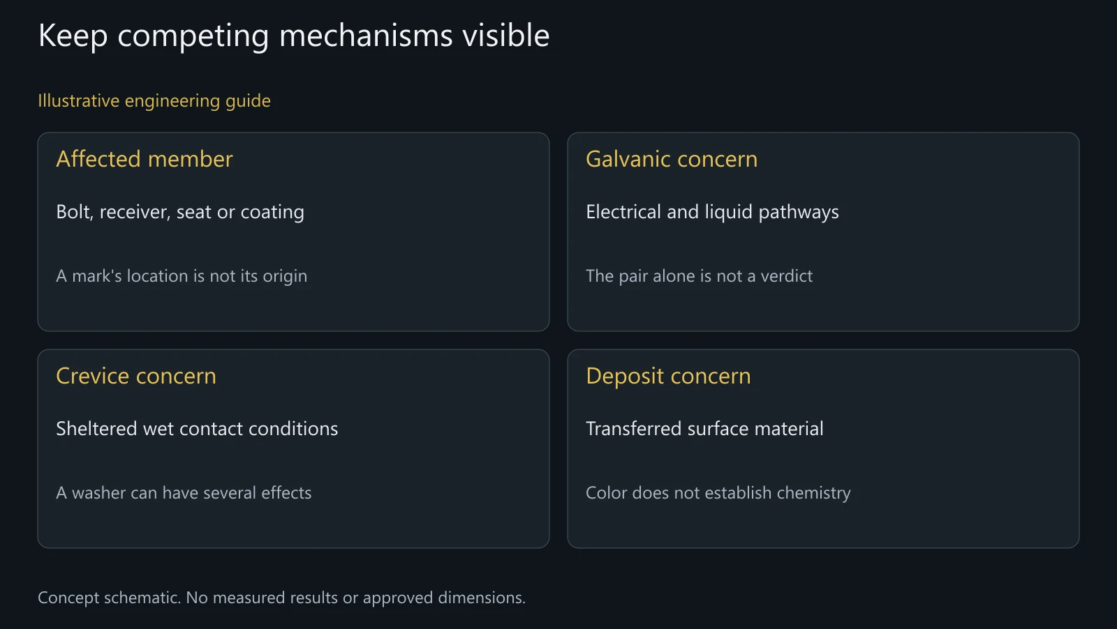 Concept diagnostic hypothesis map, not a corrosion photograph, chemical identification or confirmed field failure.