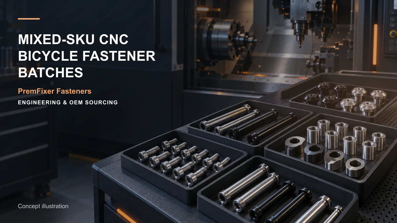 Multiple custom bicycle fastener SKUs grouped by machining family and then reconciled into complete labeled kits.