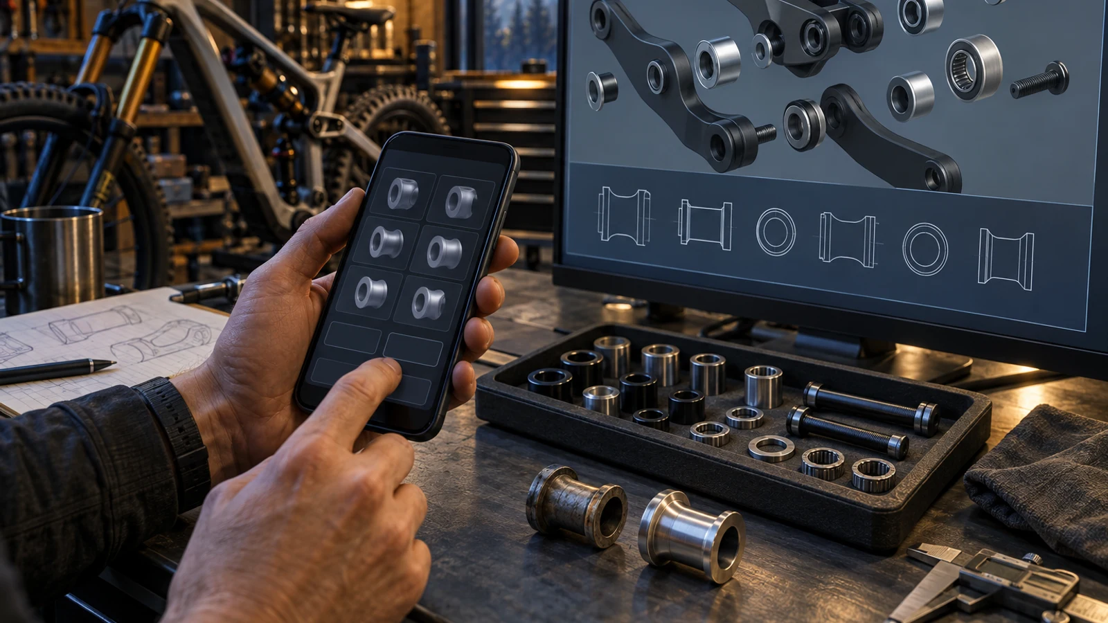Concept illustration of mobile and larger-screen hardware review beside distinct sleeves, geometric drawings and a component kit.