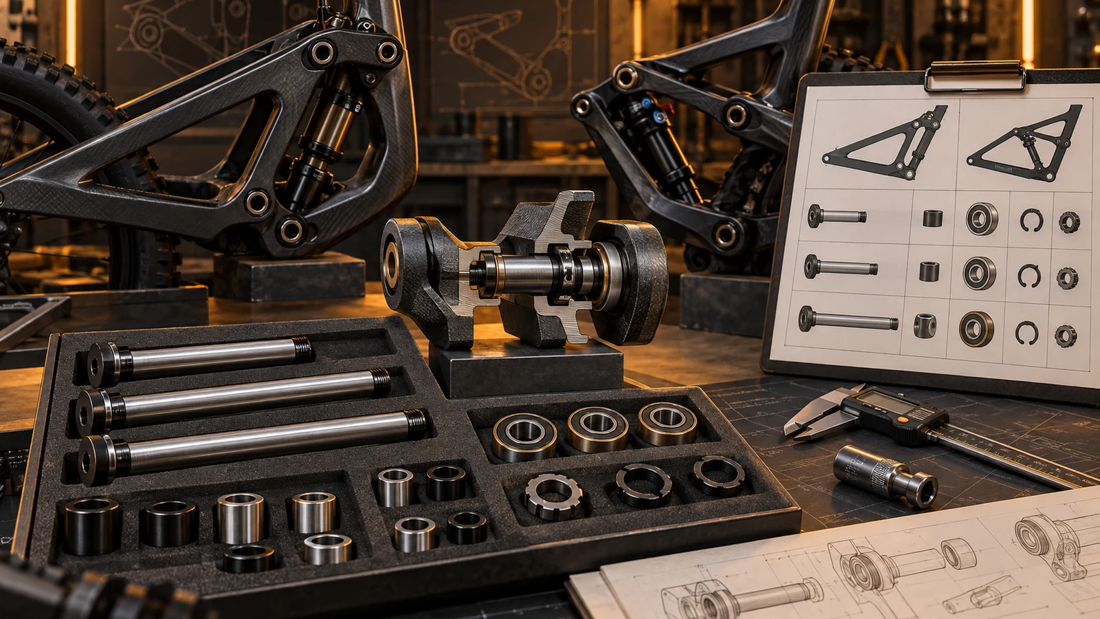 Concept pivot axle length family, spacers and bearings beside two frame linkages, cutaway interface and comparison sheet; no cross-model compatibility is approved.