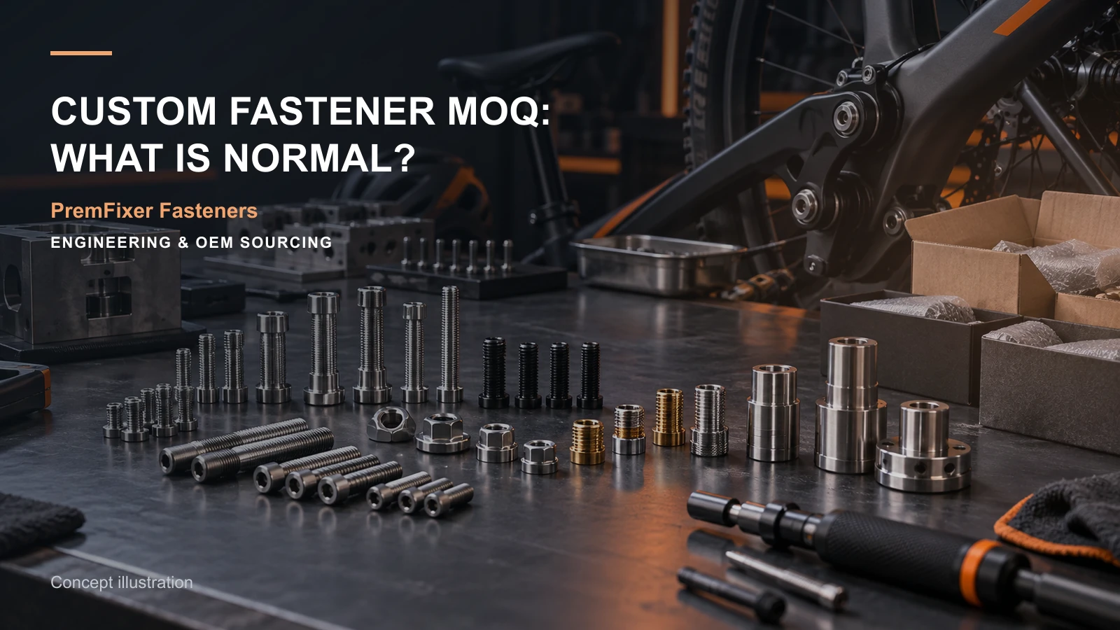Editorial concept for MOQ stages in custom manufacturing with cards for small-batch order matrix, comparable quantity-price model, sample-fee explanation.