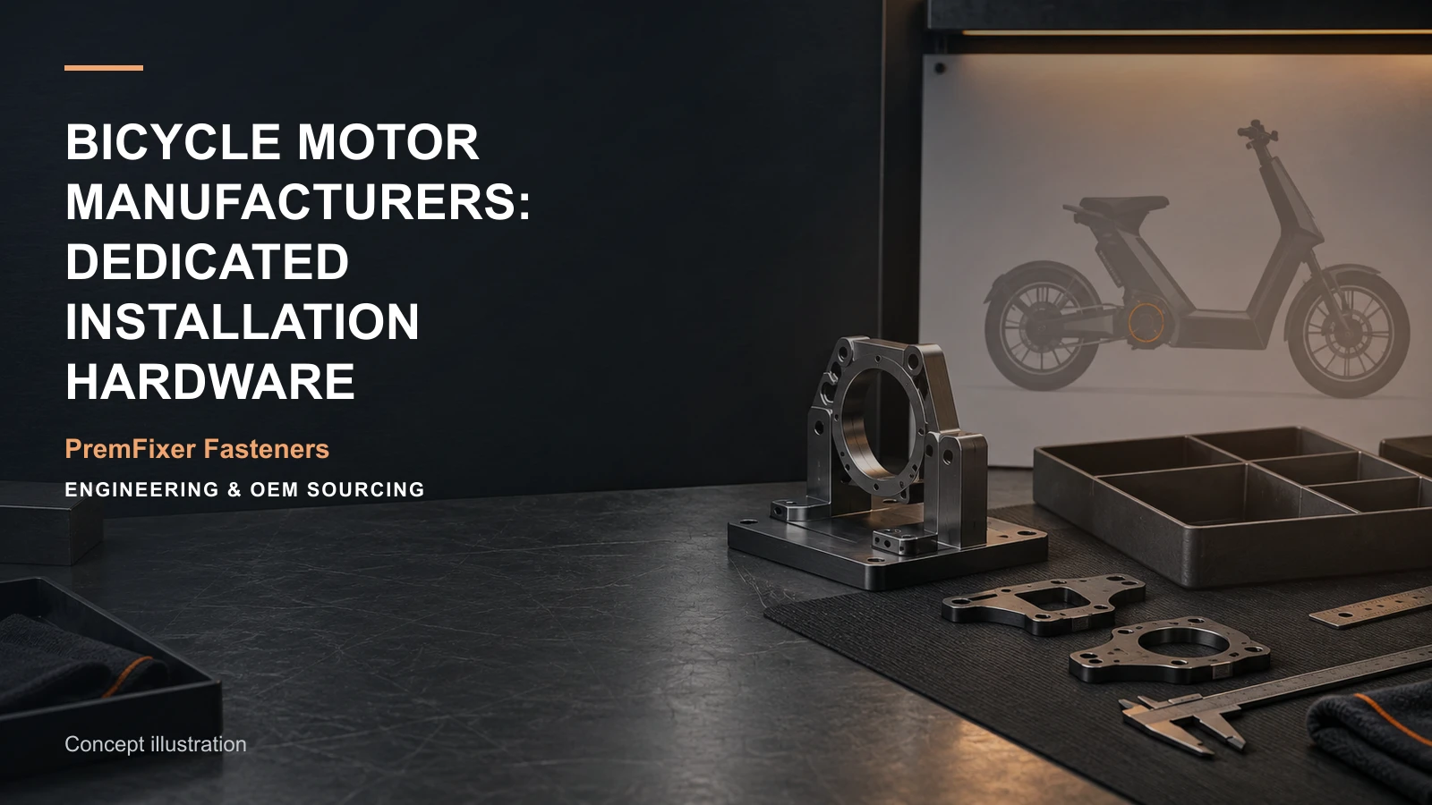 Conceptual engineering workspace introducing motor-installation hardware packages for bicycle and electric-mobility OEM teams.