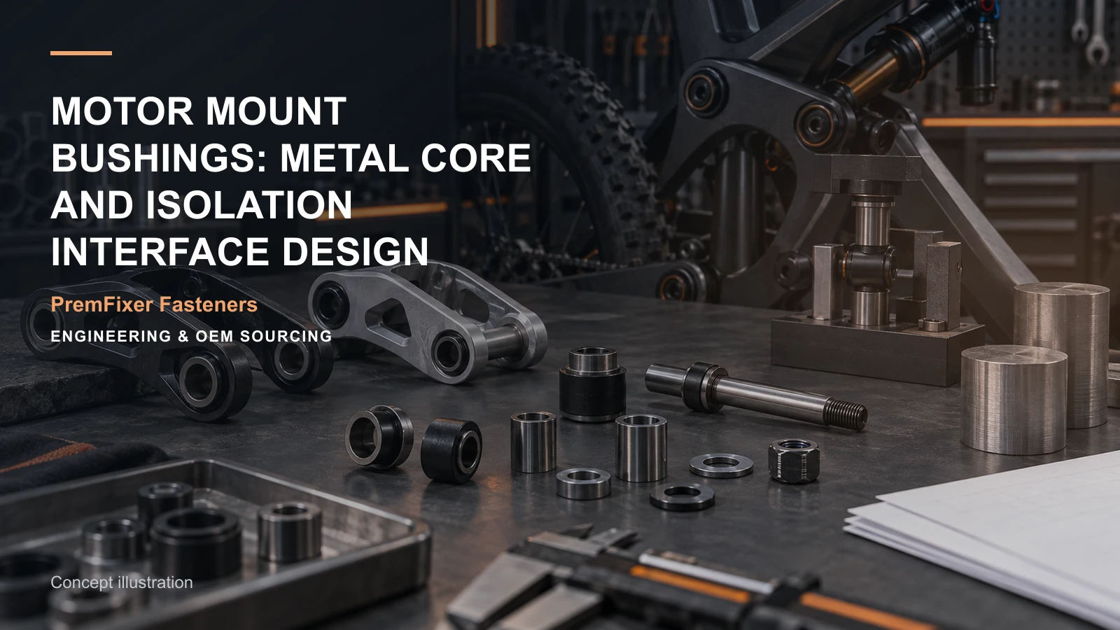 Concept illustration for Motor Mount Bushings: Metal Core and Isolation Interface Design.
