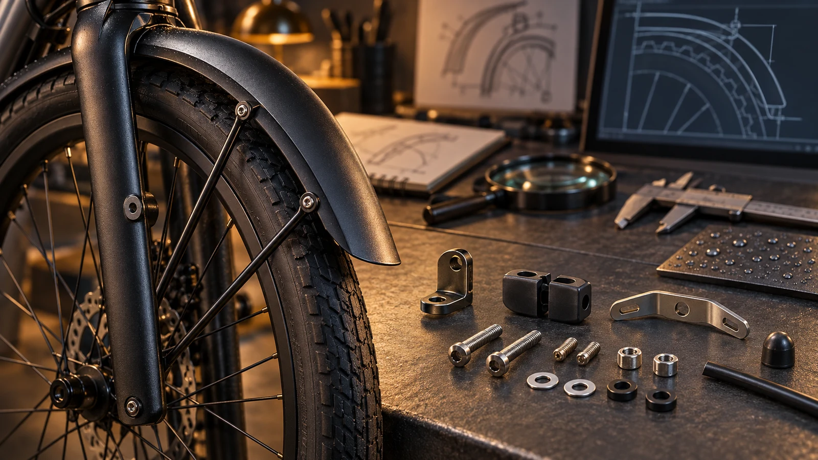 Concept front mudguard, separate stay-release adapter, brackets and mounting screws for clearance and retention review, not a tested safety device or approved kit