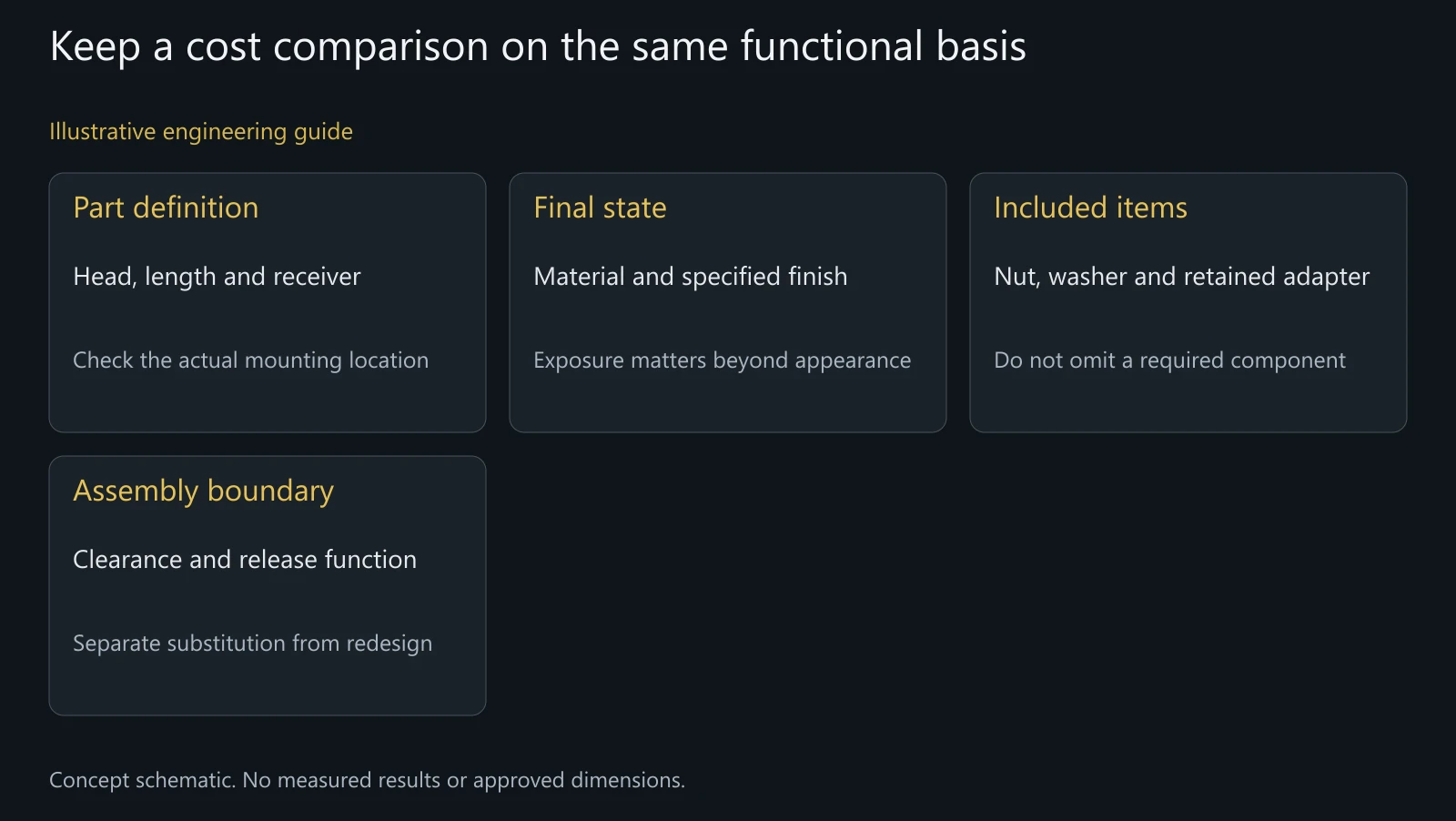 Concept purchasing comparison. No price ranking, corrosion result, clearance limit or authorized substitution is represented.