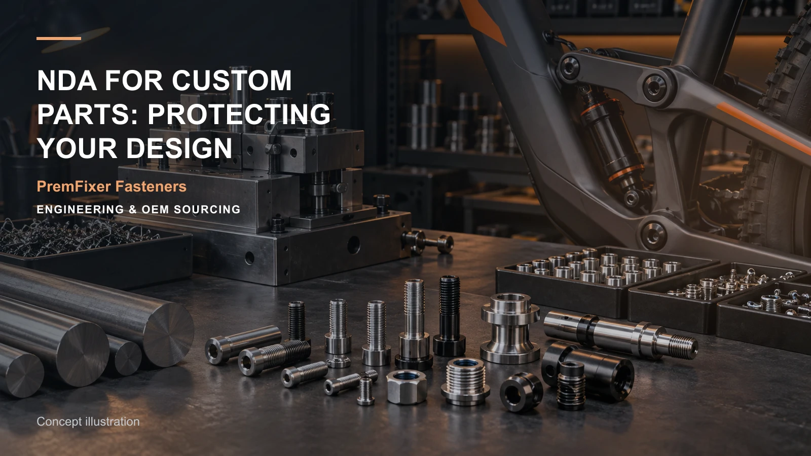 Editorial concept for NDA and design protection for custom parts with cards for confidential file-sharing workflow, tooling responsibility table, oem-odm responsibility matrix.