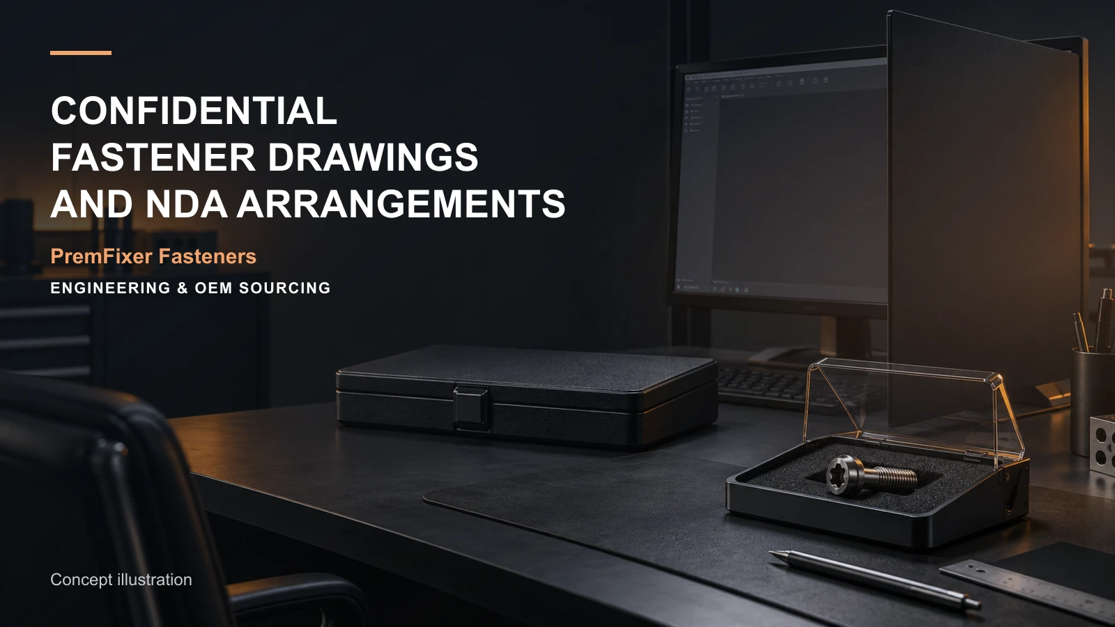 Conceptual engineering workspace introducing confidential fastener development for bicycle and electric-mobility OEM teams.