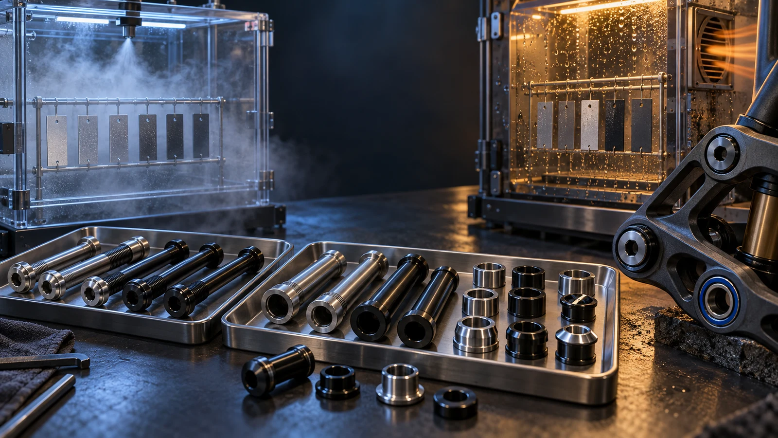 Concept illustration of pivot hardware, separate fog and dry-wet exposure enclosures, coupons and a suspension joint without corrosion results
