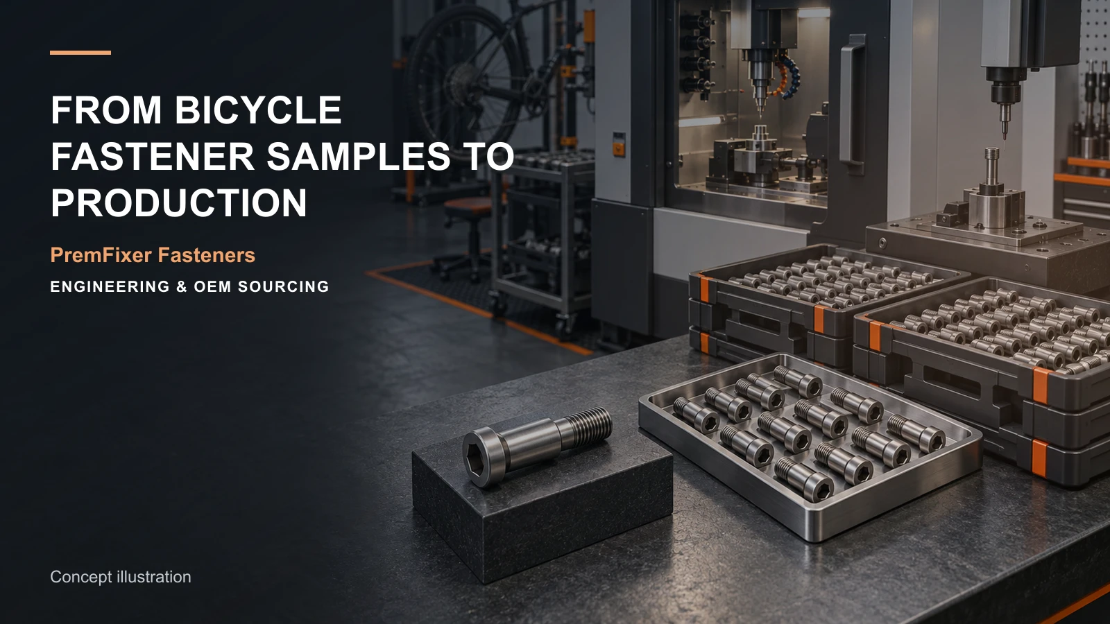 Conceptual three-stage bicycle fastener ramp from engineering sample to pilot trays and recurring production.