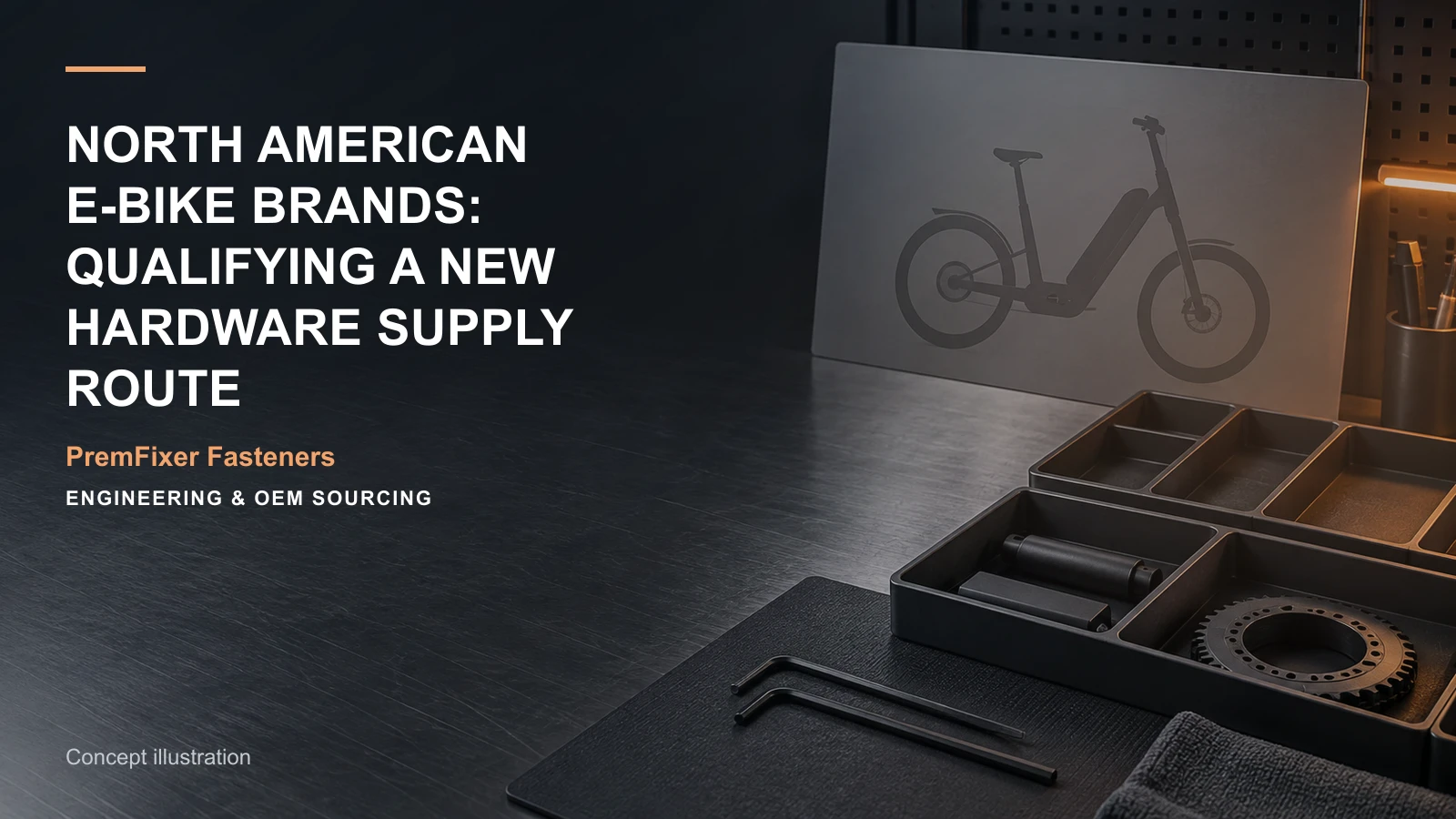 Conceptual engineering workspace introducing North American e-bike sourcing projects for bicycle and electric-mobility OEM teams.