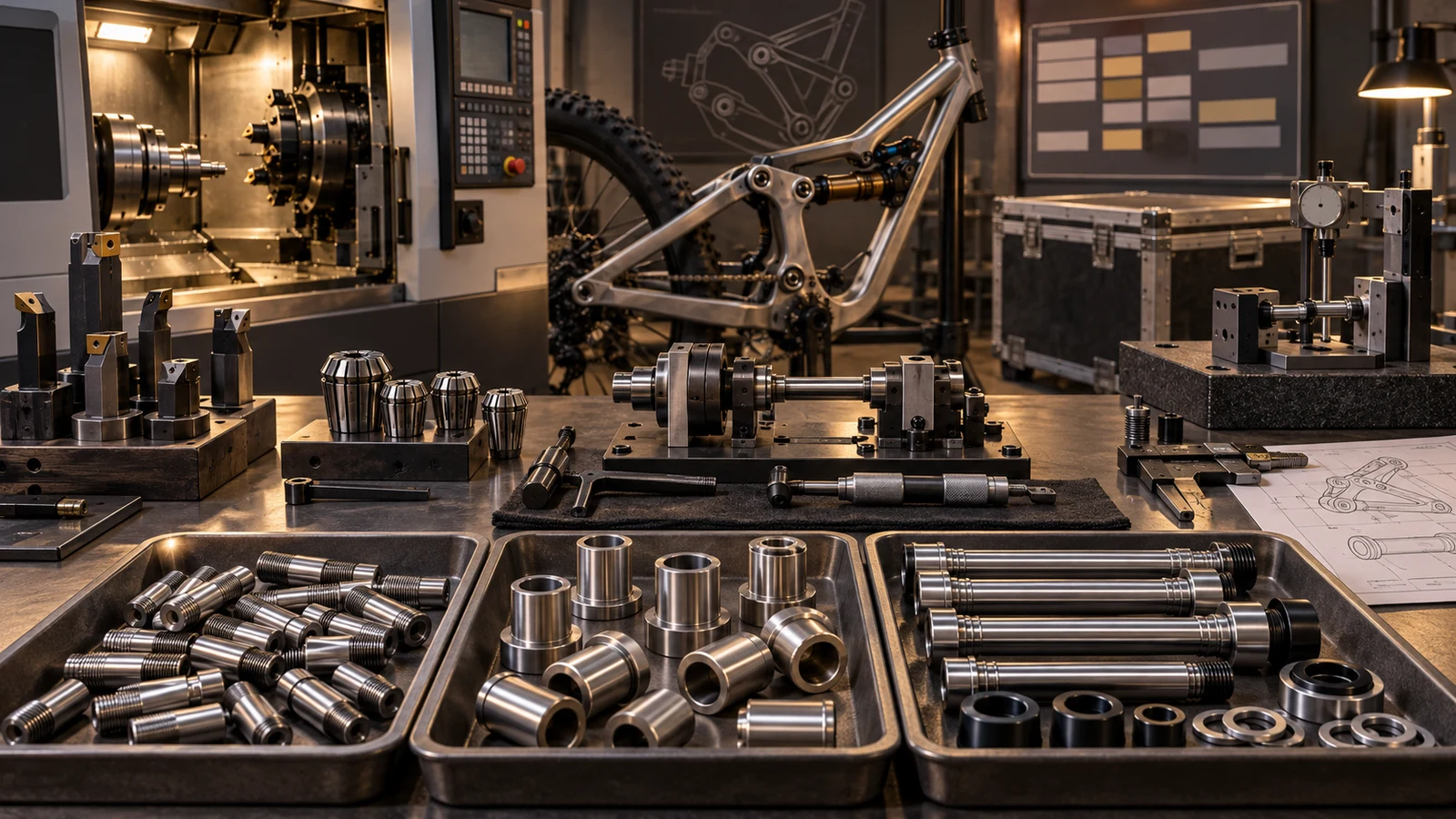 Concept separate trays of short threaded parts, spacers and long pivot axles beside collets, turning tools, fixtures, a bicycle linkage, neutral schedule board and inspection arrangement; not actual OEE data, capacity or production commitments.