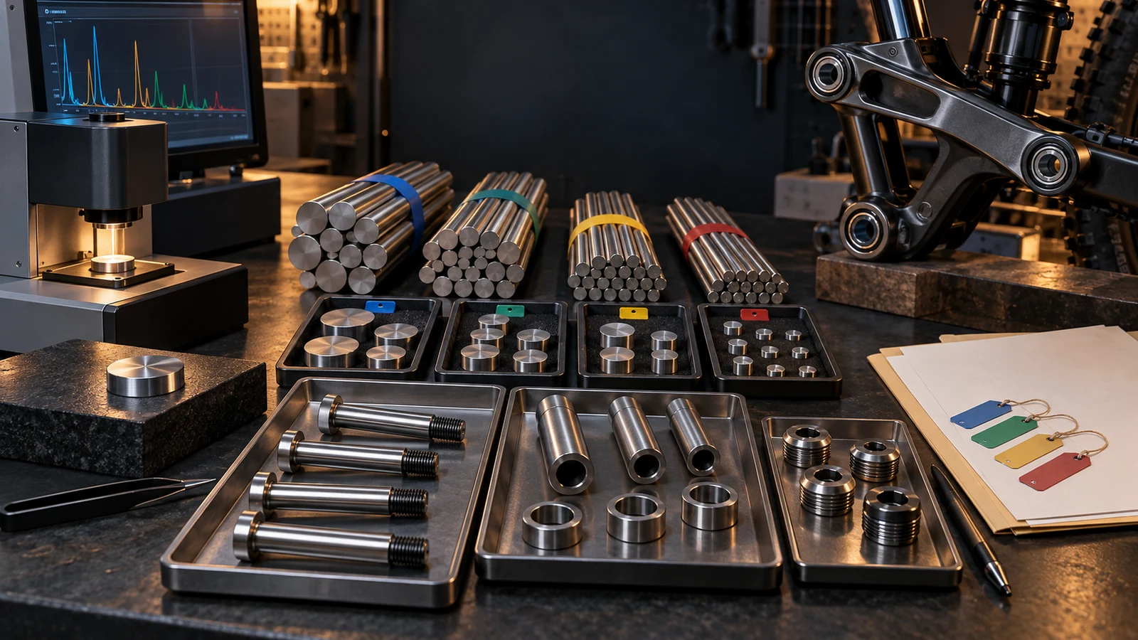 Concept illustration of identified stainless bar bundles, prepared chemistry samples, pivot hardware and a generic emission analysis station