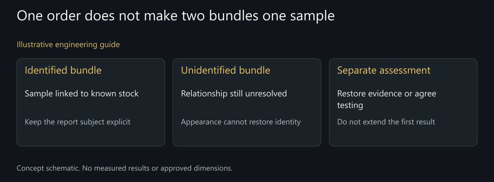 Illustrative two-bundle material review; no actual analysis, material rejection or measured values are represented.