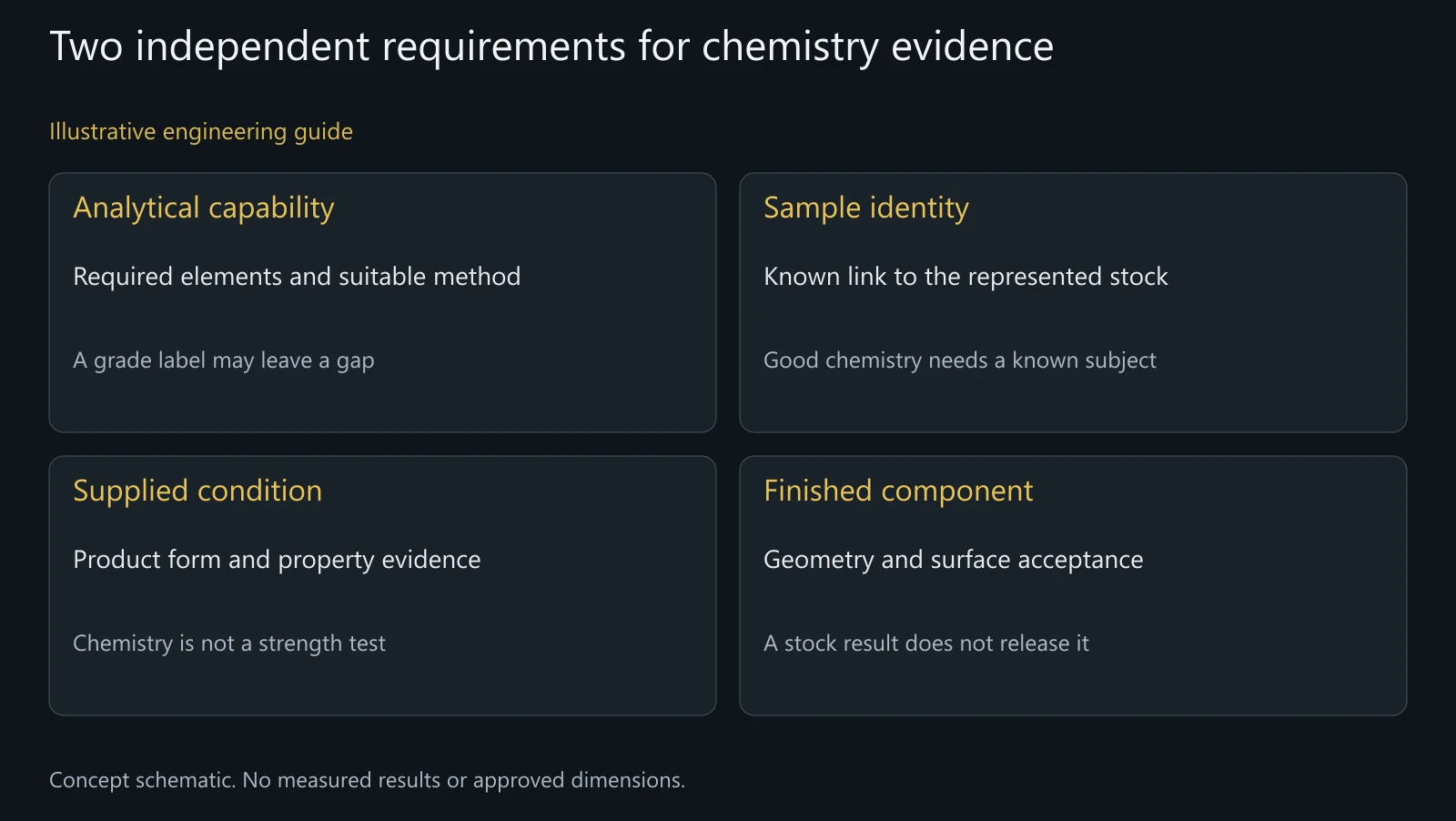Concept schematic distinguishing analytical capability, sample identity, supplied condition and finished-part acceptance.