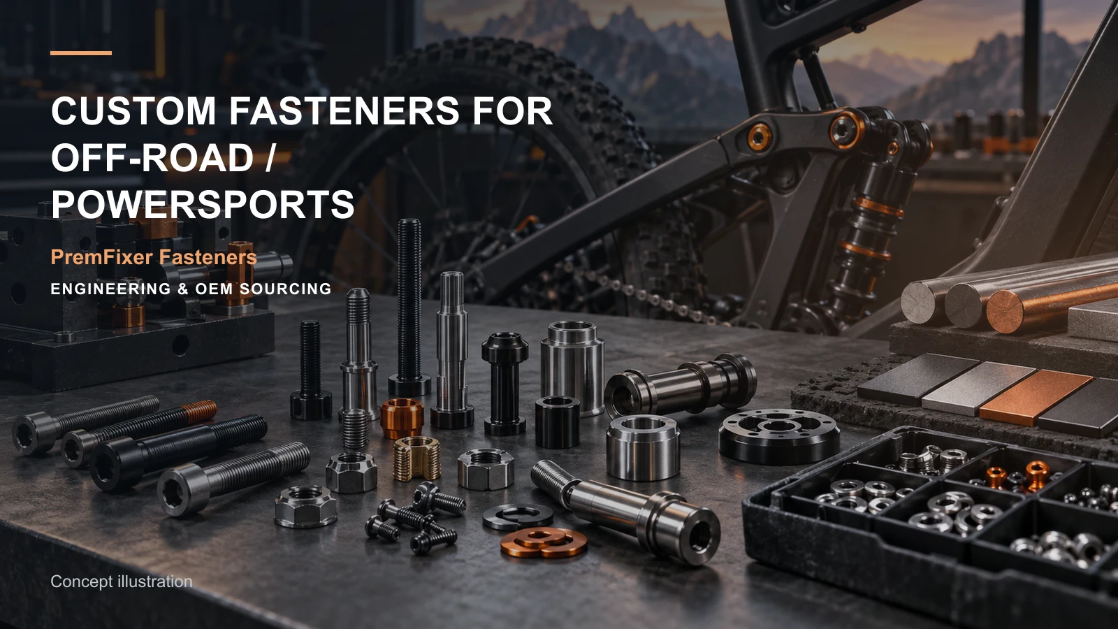 Editorial concept for off-road and powersports fasteners with cards for heavy-duty development brief, material selection record, fatigue-test specification map.