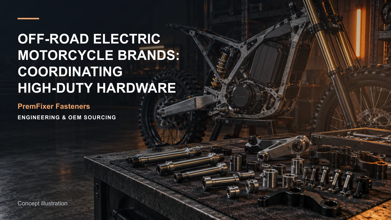 Conceptual engineering workspace introducing off-road electric-motorcycle hardware for bicycle and electric-mobility OEM teams.