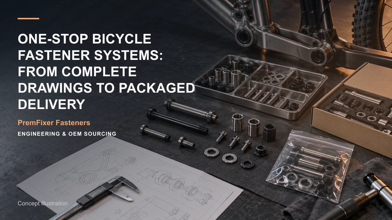 Concept illustration connecting complete drawing pack, fastener BOM and CNC components in a bicycle hardware project.