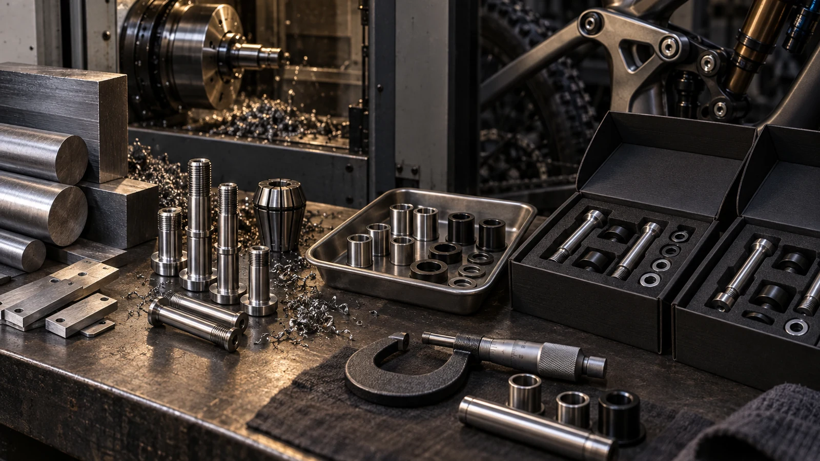 Concept stock-to-kit workbench with bars, turned pivots, a separate finish tray, measurement tools and packaged hardware; not an actual factory route or all-in-house process record.