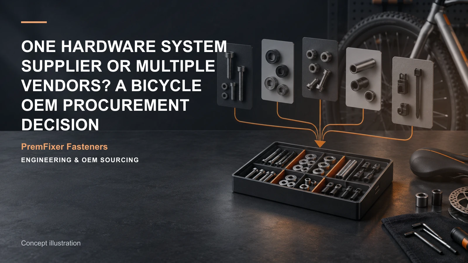 Concept illustration for One Hardware System Supplier or Multiple Vendors? A Bicycle OEM Procurement Decision.