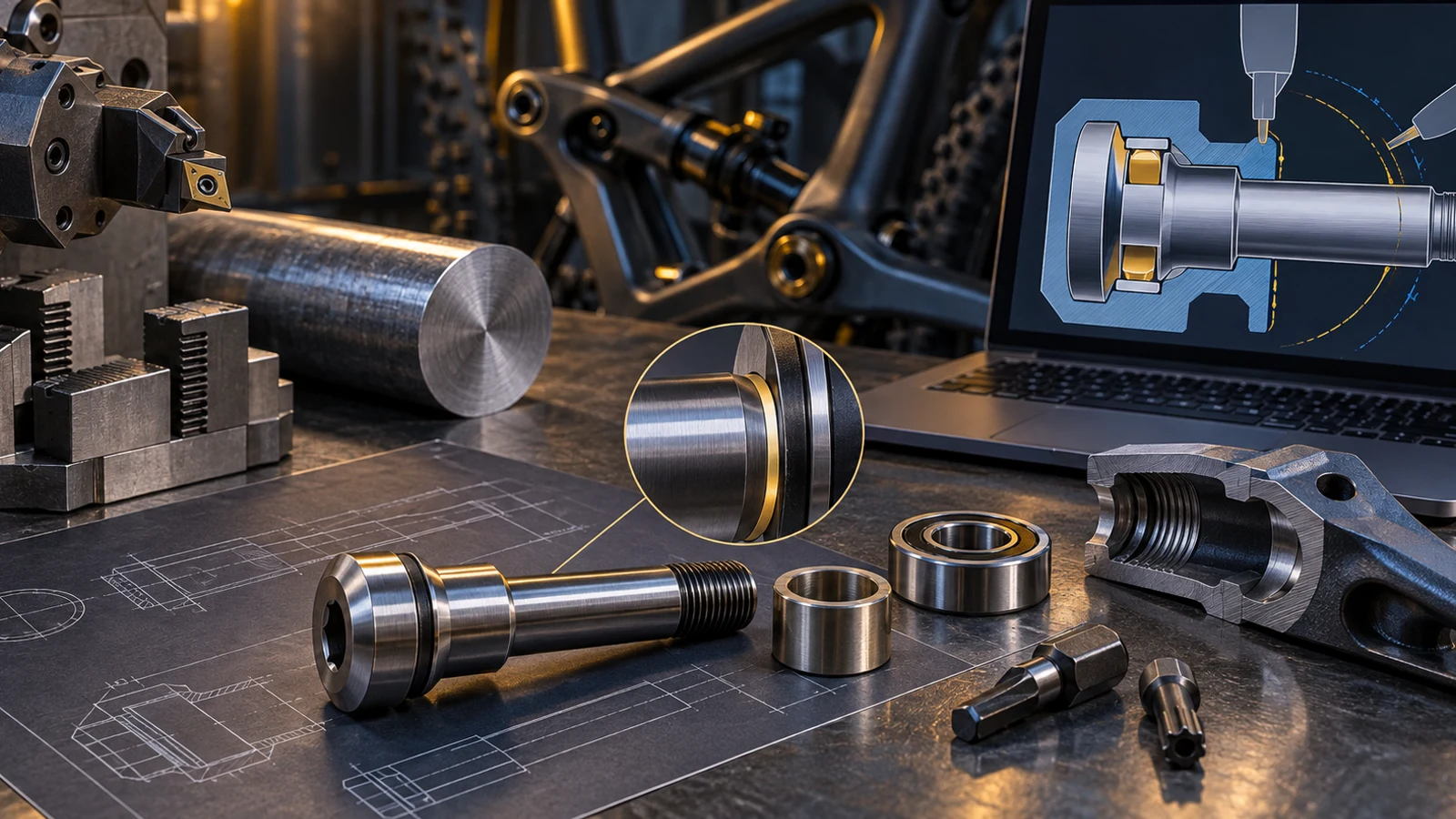 Illustrative CAD-screening scene with a pivot bolt, bearing chamfer, receiver cutaway and turning tools; not an approved design or factory record