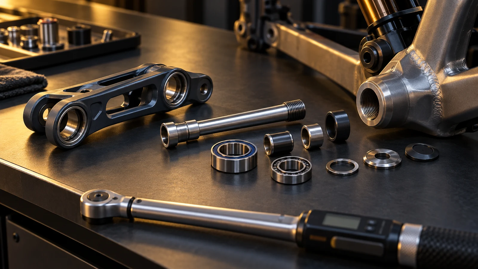 Concept exploded pivot axle, receiver, bearing contacts, spacers and inactive torque tool, illustrating assessment scope without measured overload or actual damage.