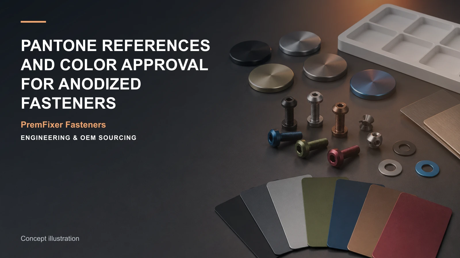 Conceptual engineering workspace introducing color-matched anodized fasteners for bicycle and electric-mobility OEM teams.
