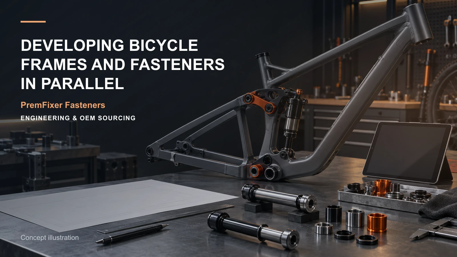 Concept illustration connecting frame milestone, shared interface and hardware drawing in a bicycle hardware project.