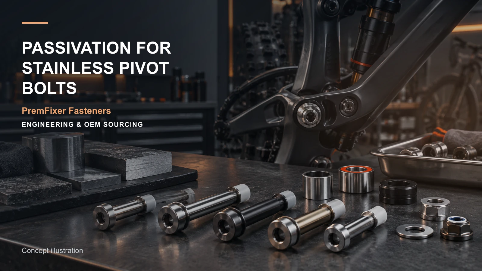 Editorial concept for passivation of stainless pivot parts with cards for treatment-specific dimensional plan, corrosion-selection factors, finish selection table.