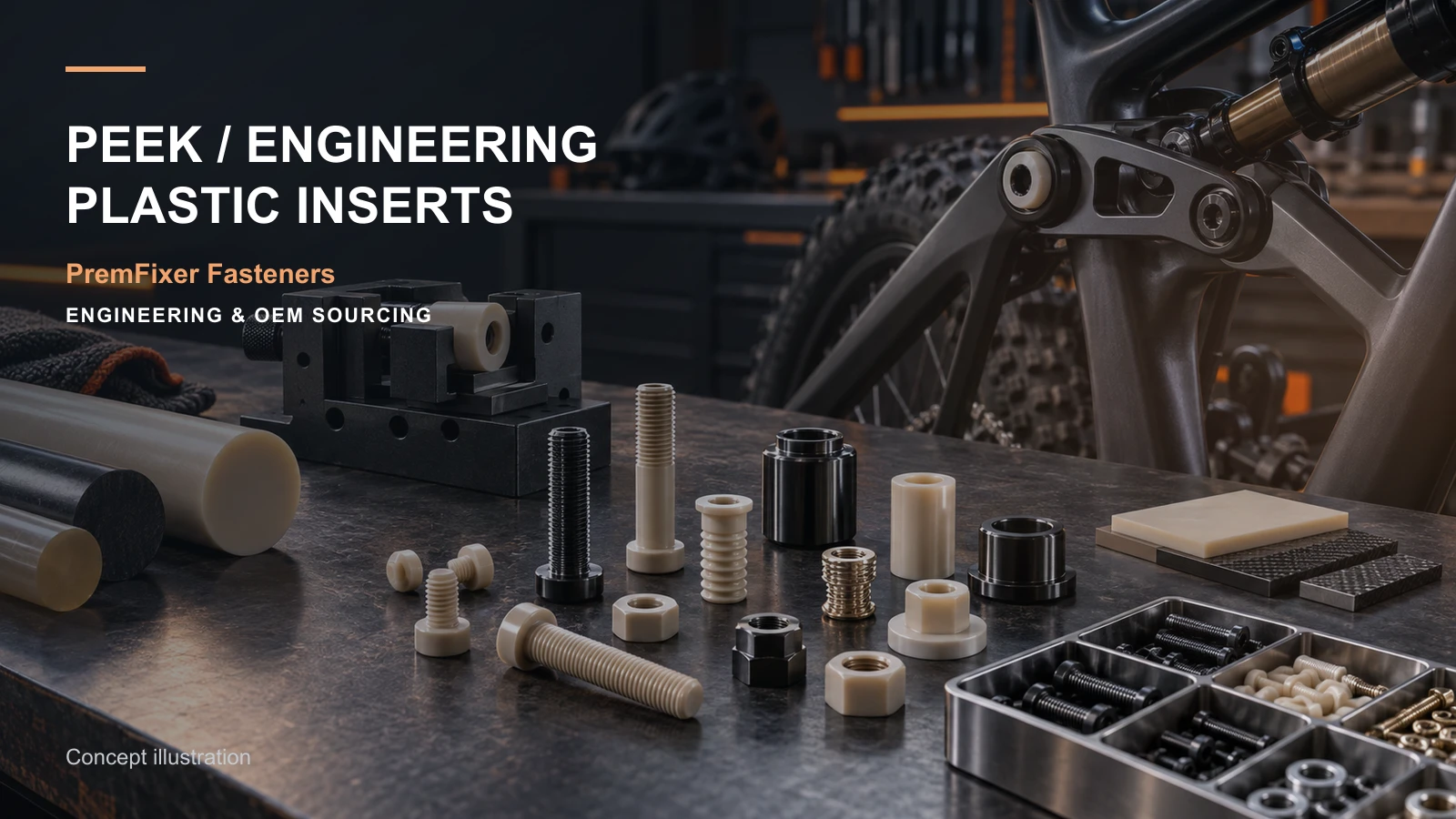 Editorial concept for PEEK and engineering-plastic inserts with cards for polymer-part specification, insert installation selection, medical application scope.