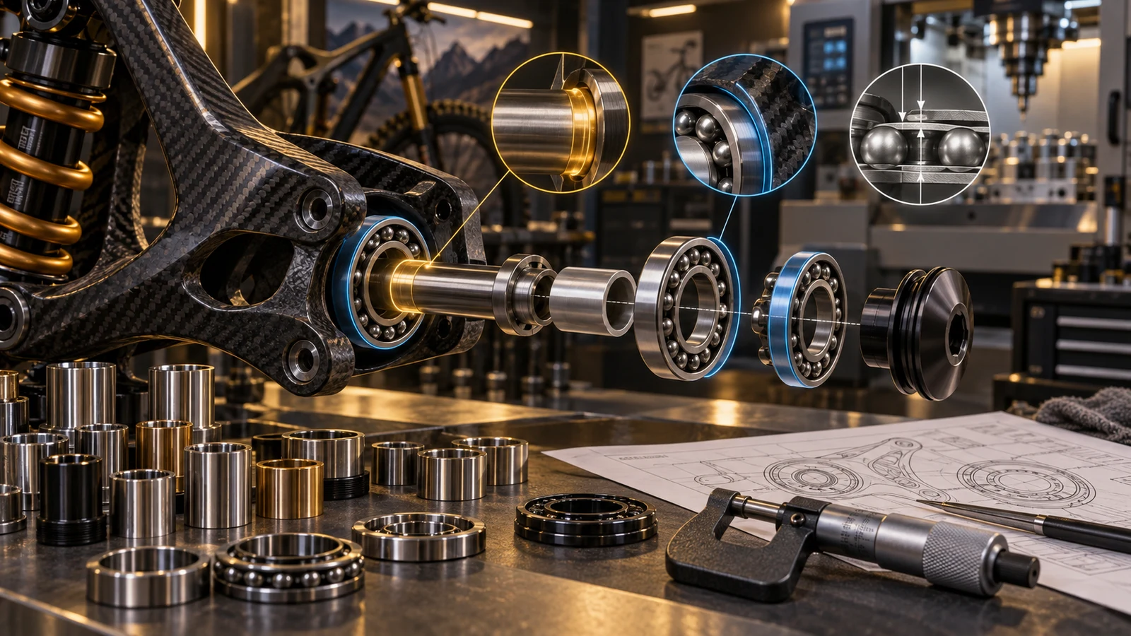 Concept carbon-link bearing cutaway and exploded axle, rings, spacer and endcap with interface close-ups; not an approved bearing fit or measured clearance.